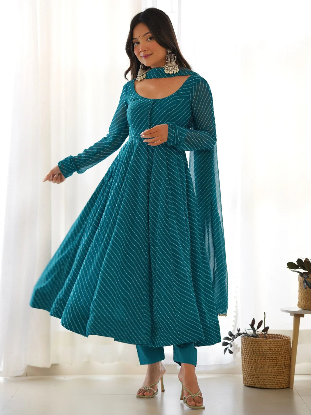 Teal Captivating Laheriya Printed Georgette Anarkali Pant Suit
