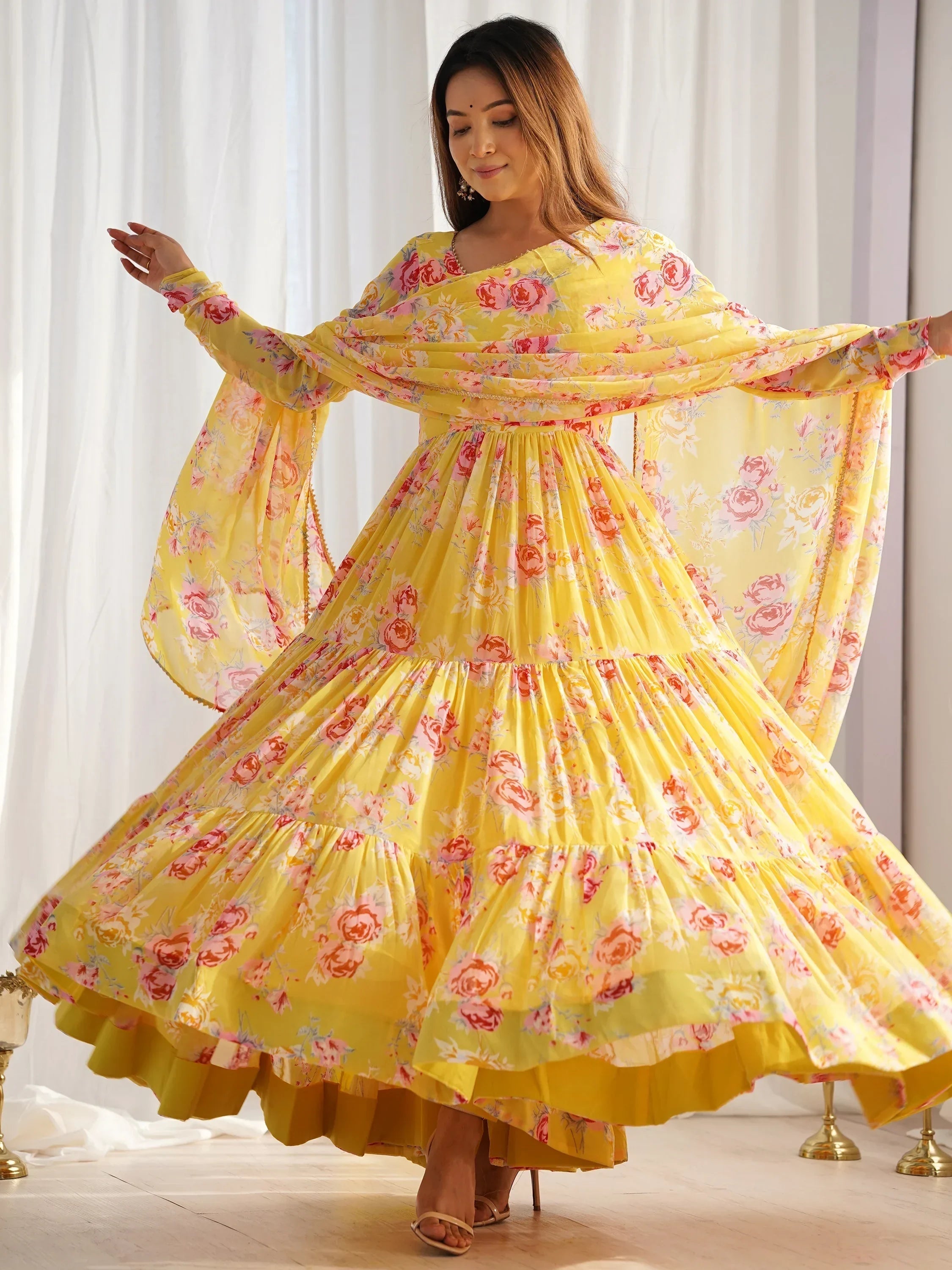 Yellow Beautiful Floral Printed Georgette Anarkali Pant Suit