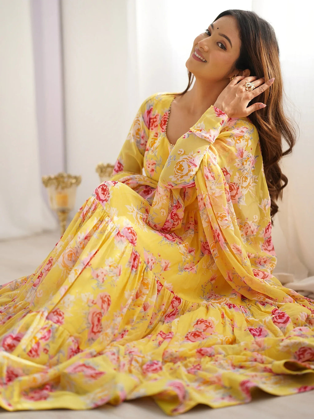 Yellow Beautiful Floral Printed Georgette Anarkali Pant Suit