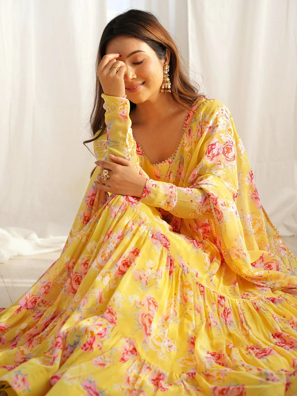 Yellow Beautiful Floral Printed Georgette Anarkali Pant Suit