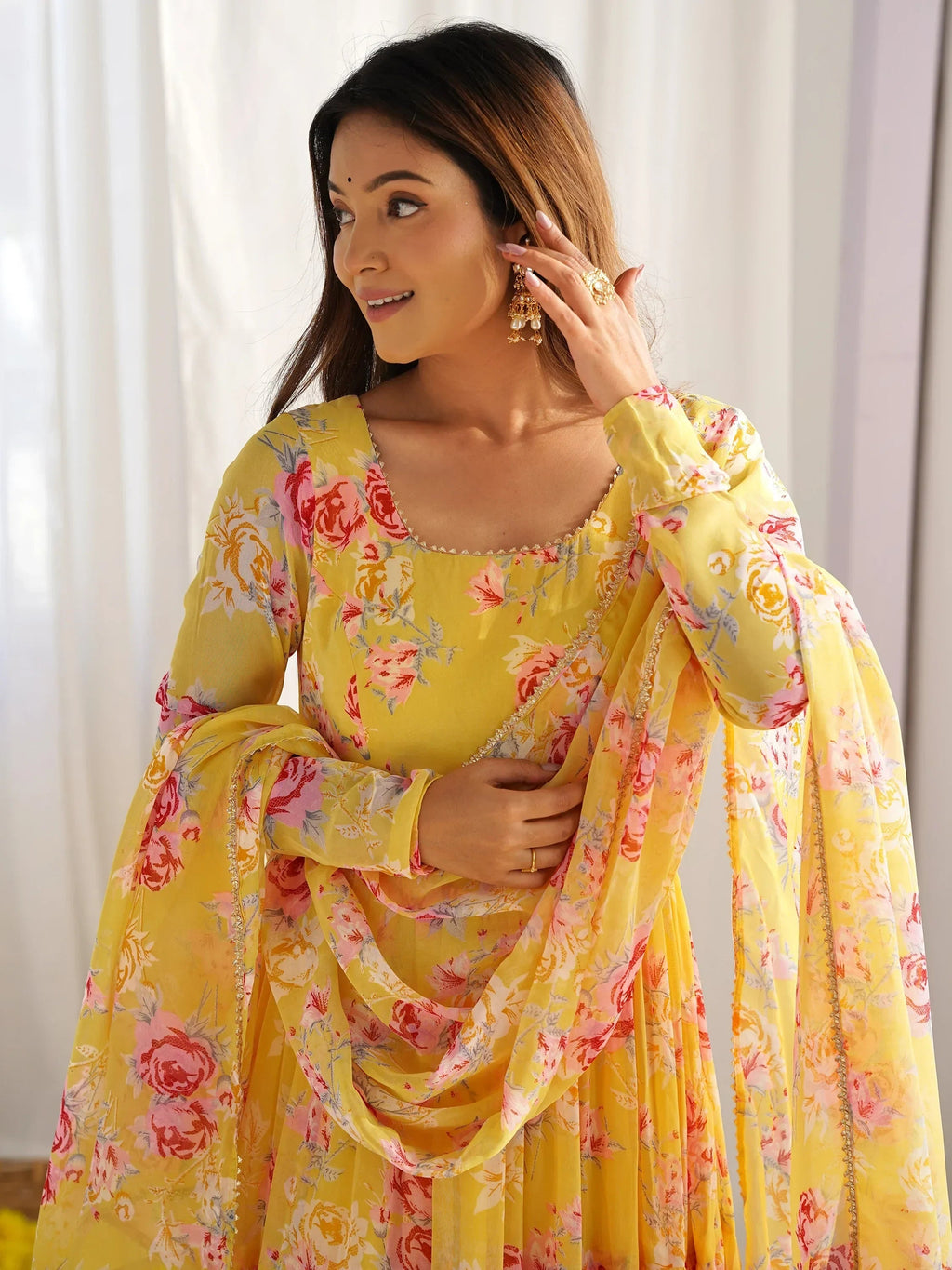 Yellow Beautiful Floral Printed Georgette Anarkali Pant Suit