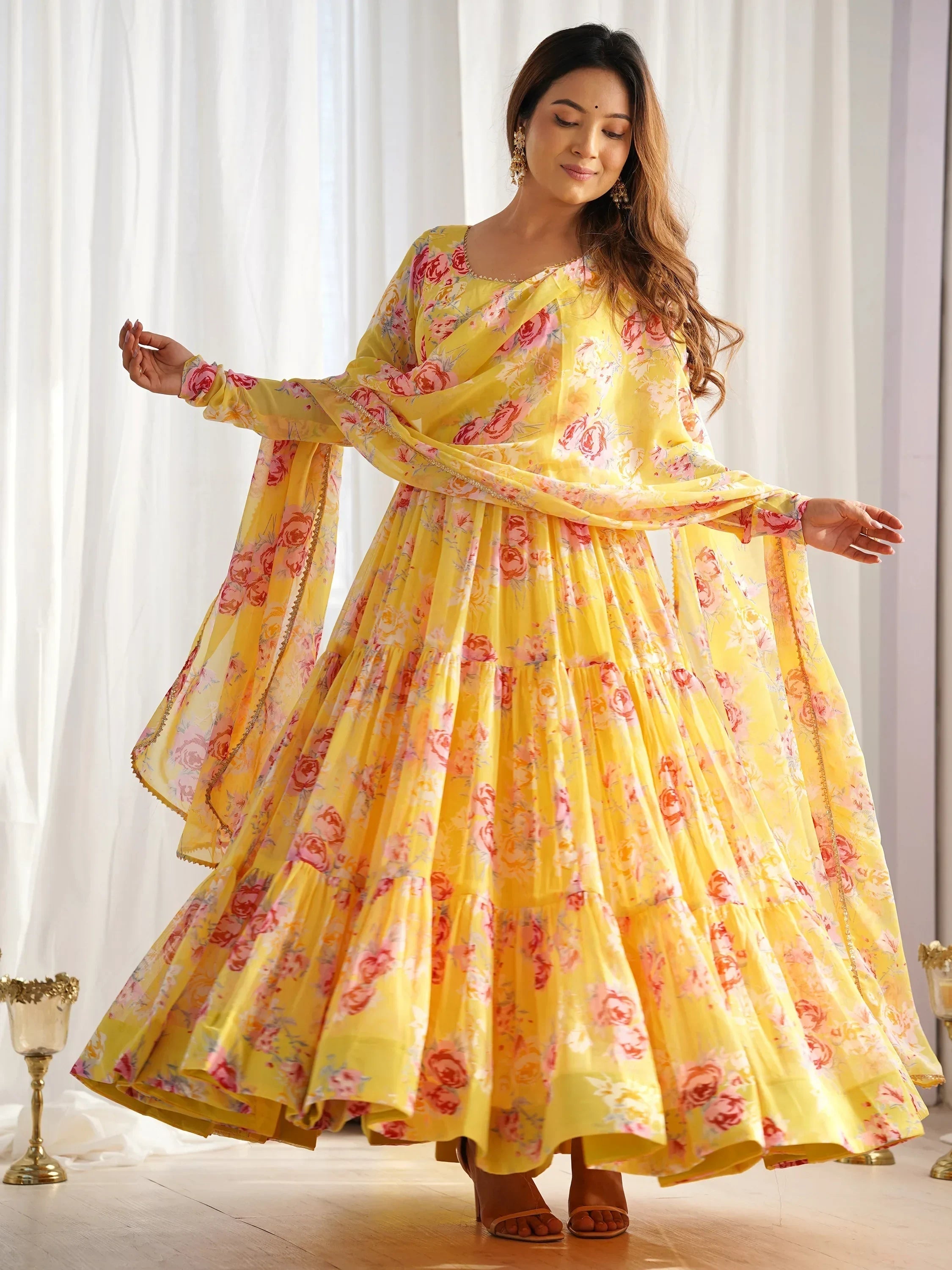 Yellow Beautiful Floral Printed Georgette Anarkali Pant Suit