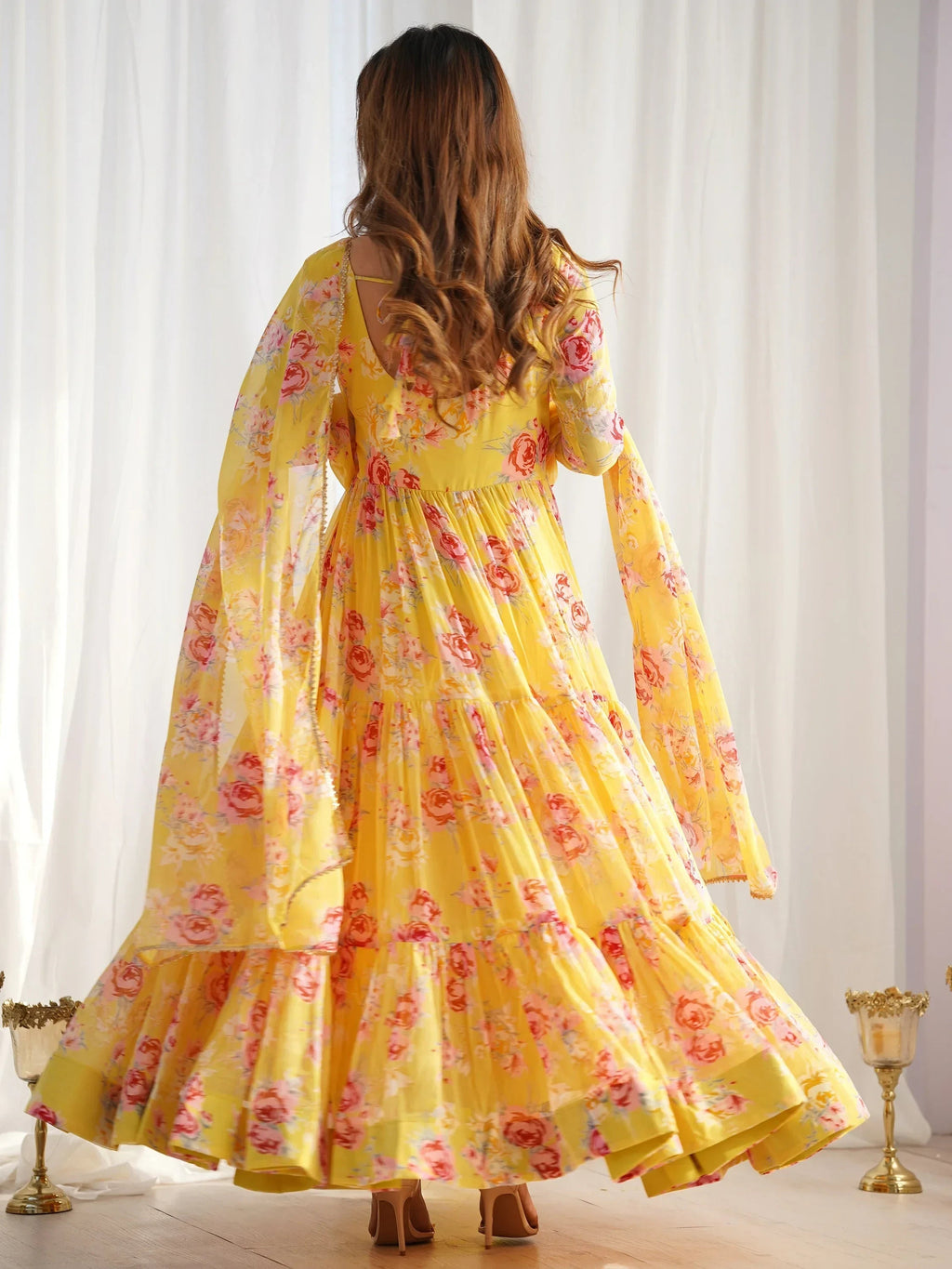 Yellow Beautiful Floral Printed Georgette Anarkali Pant Suit