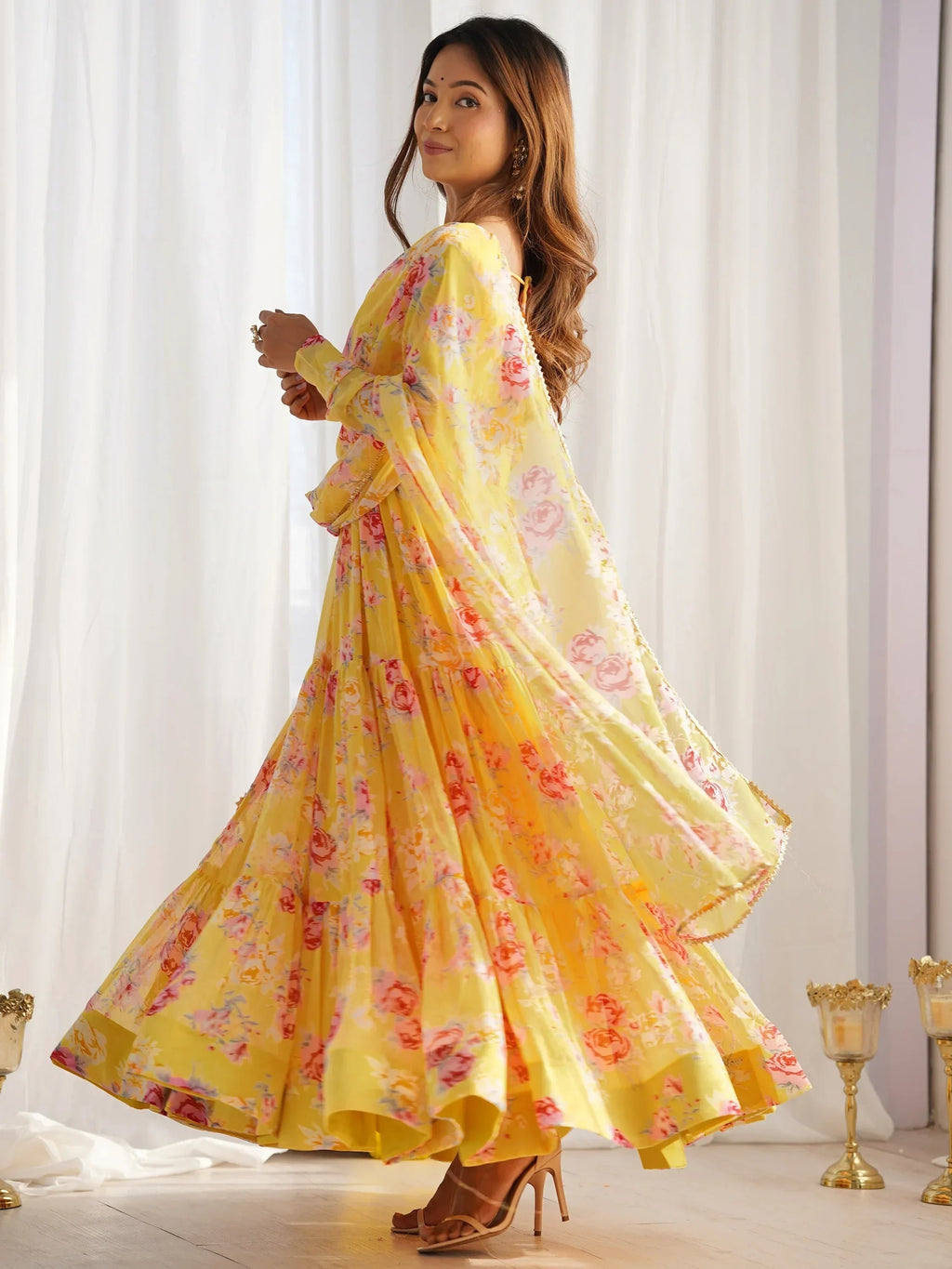Yellow Beautiful Floral Printed Georgette Anarkali Pant Suit
