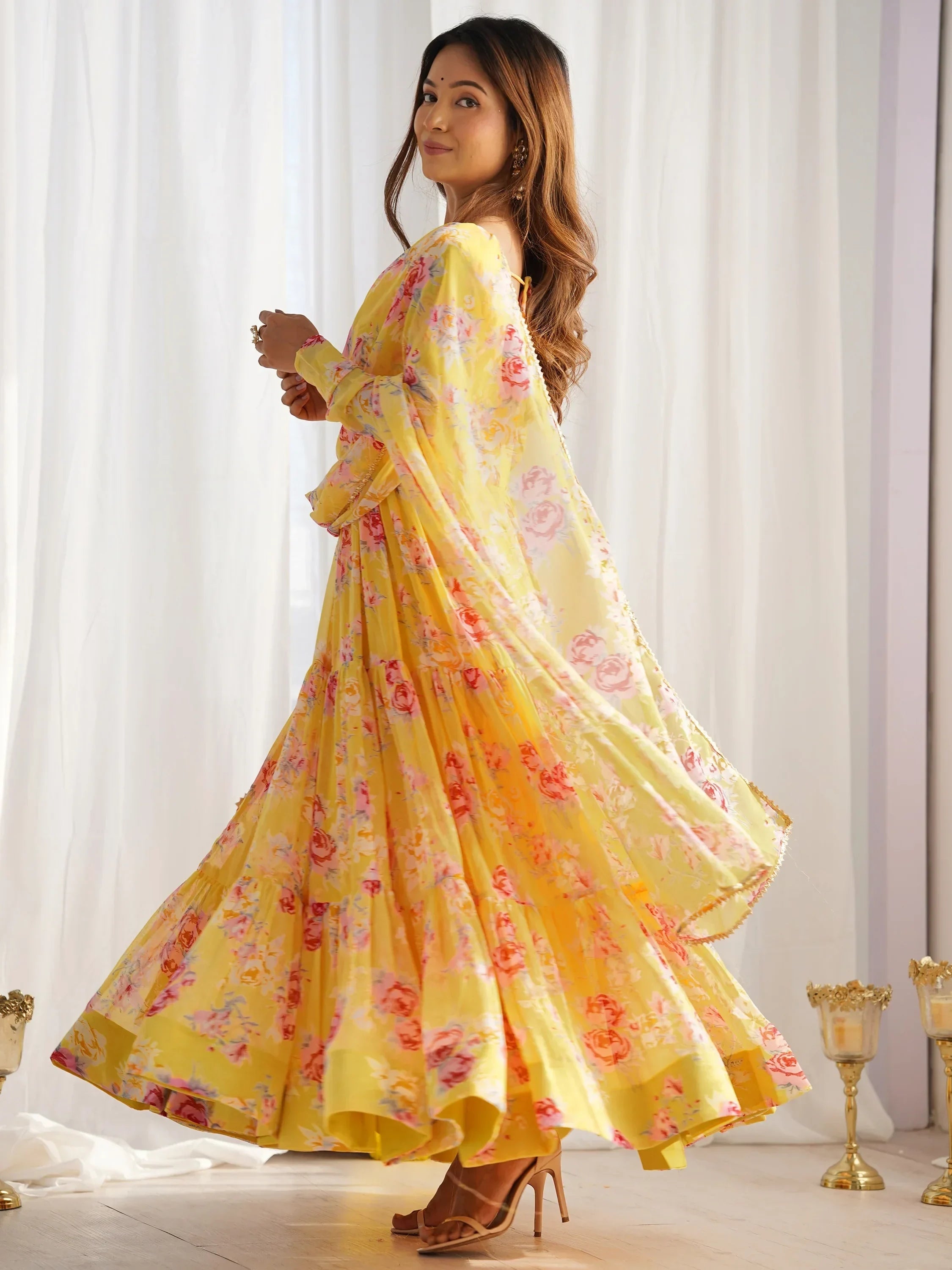 Yellow Beautiful Floral Printed Georgette Anarkali Pant Suit