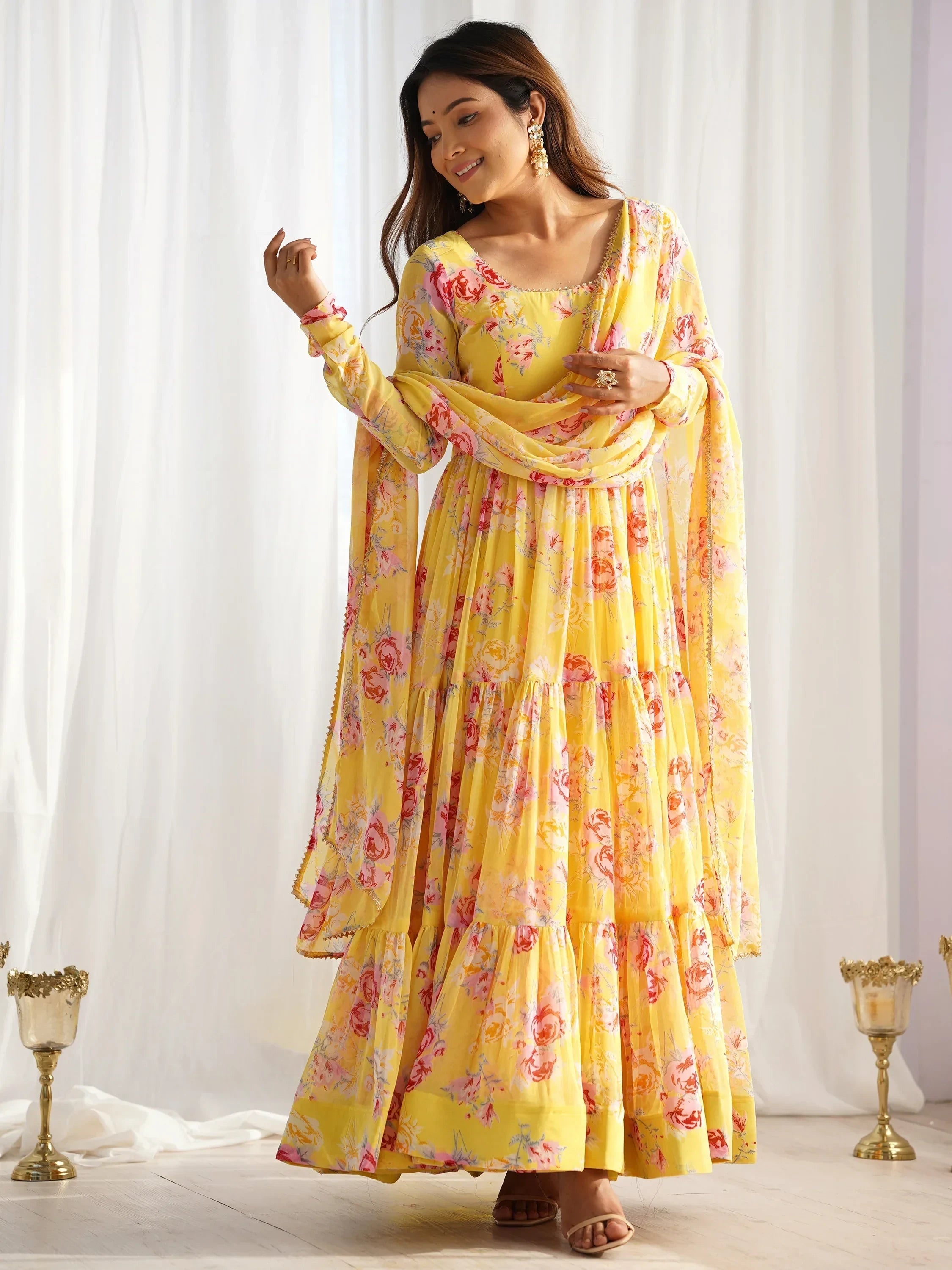 Yellow Beautiful Floral Printed Georgette Anarkali Pant Suit