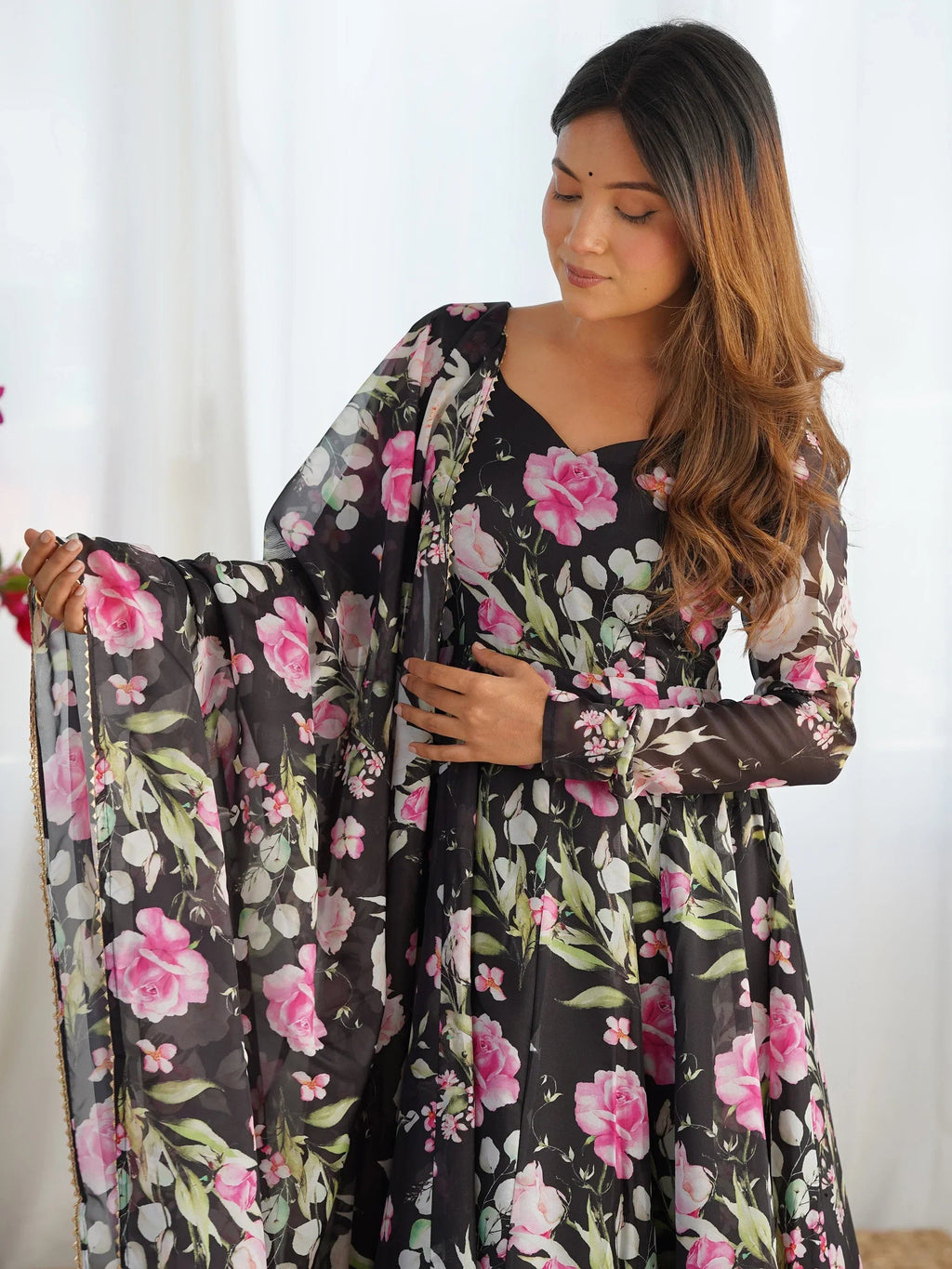 Black Spectacular Floral Printed Organza Anarkali Suit With Dupatta