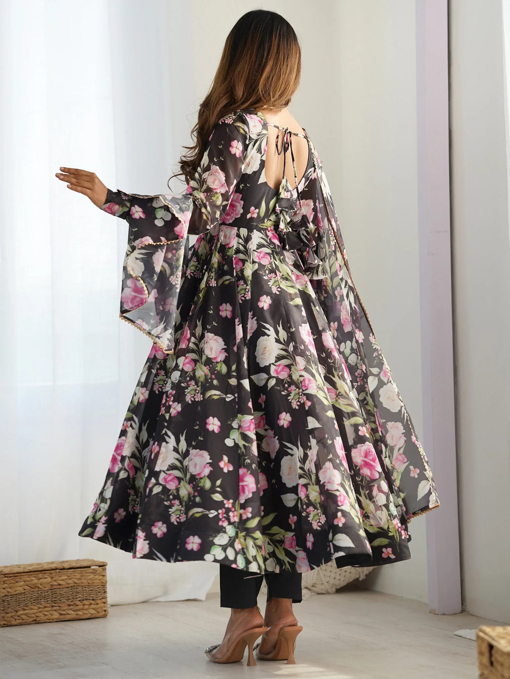 Black Spectacular Floral Printed Organza Anarkali Suit With Dupatta
