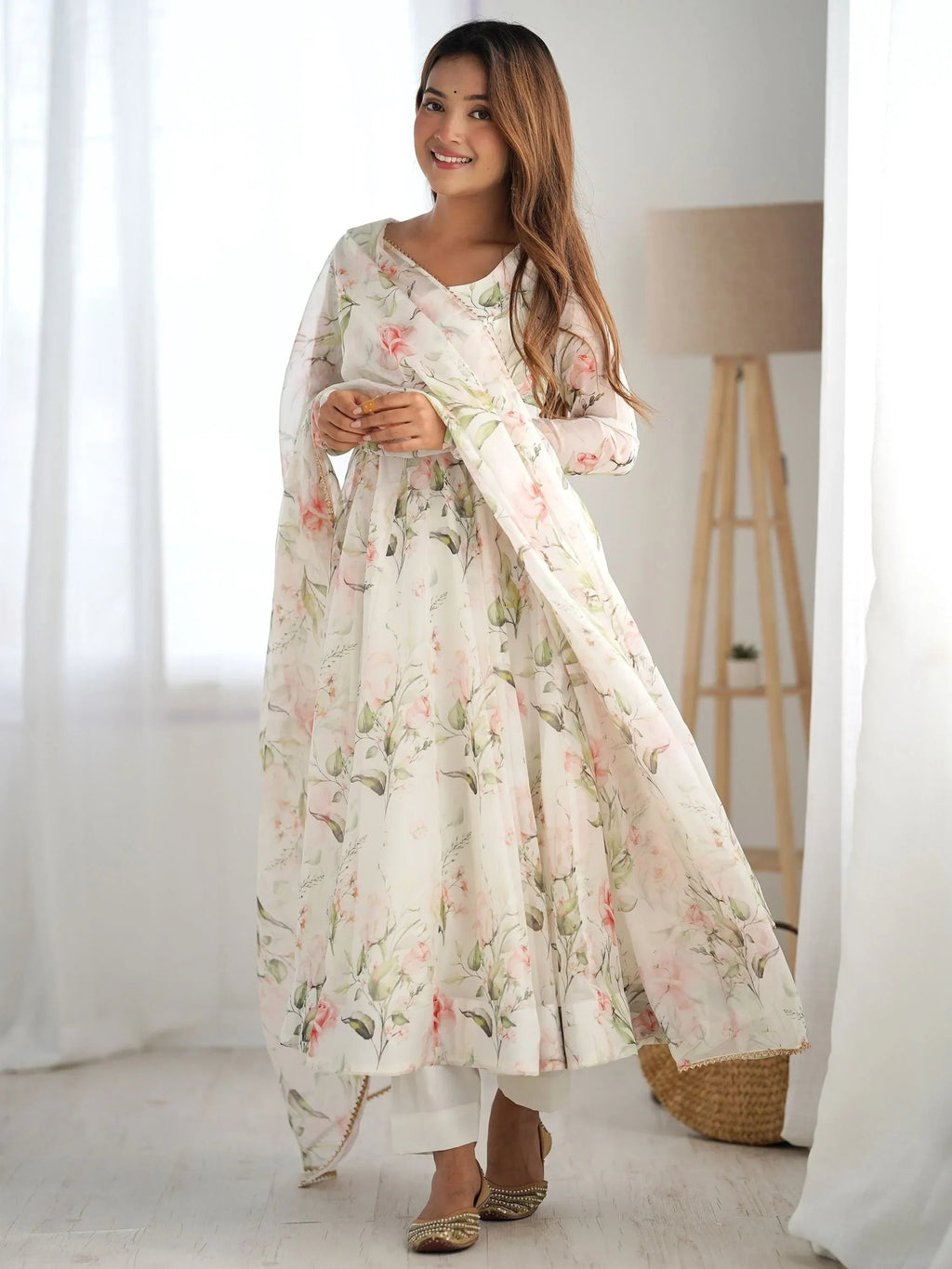 White Spectacular Floral Printed Organza Anarkali Suit With Dupatta