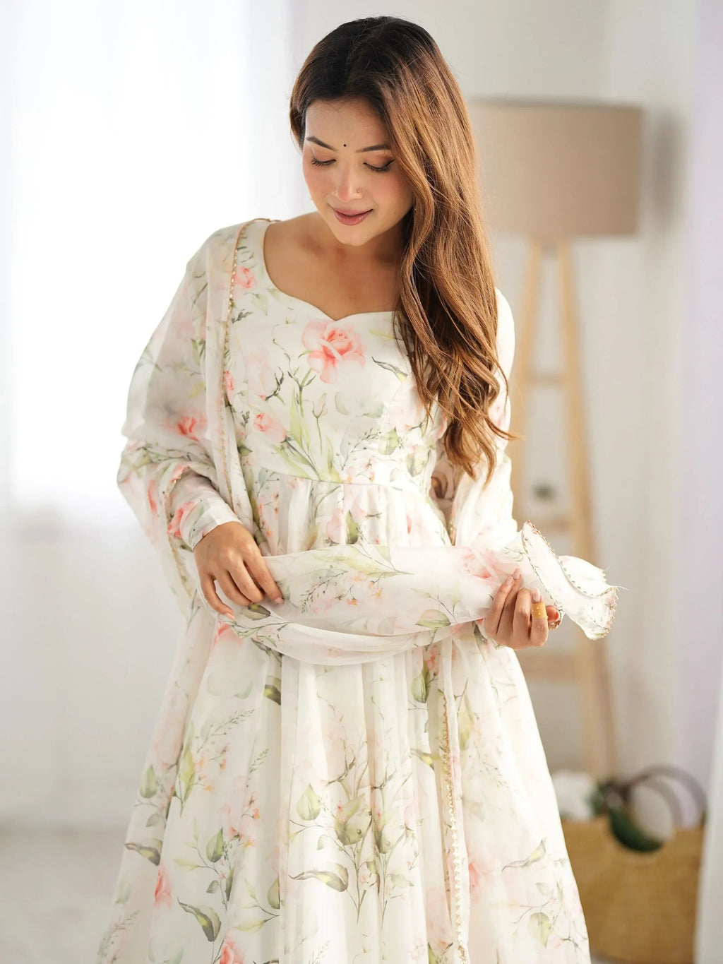 White Spectacular Floral Printed Organza Anarkali Suit With Dupatta