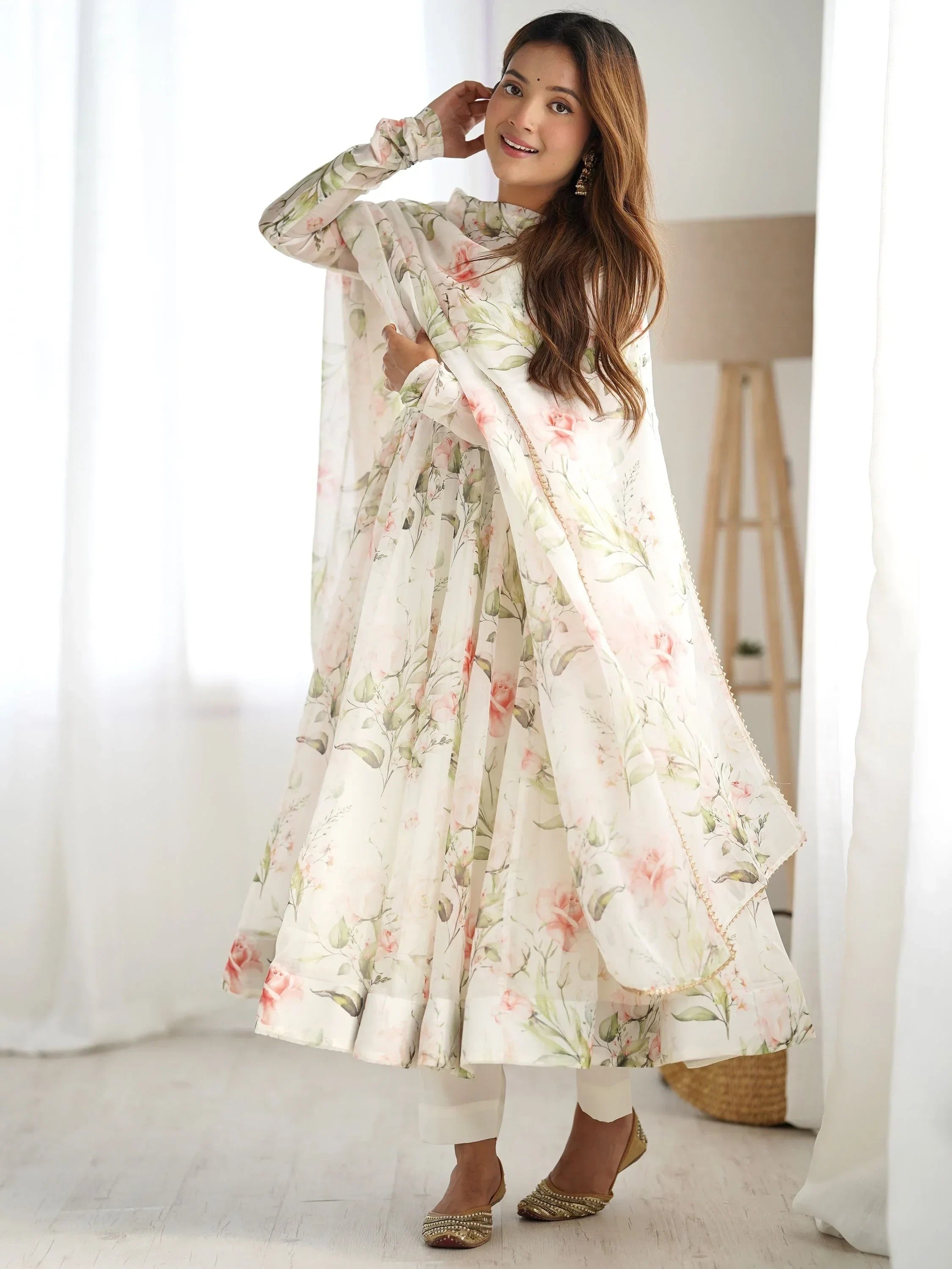 White Spectacular Floral Printed Organza Anarkali Suit With Dupatta