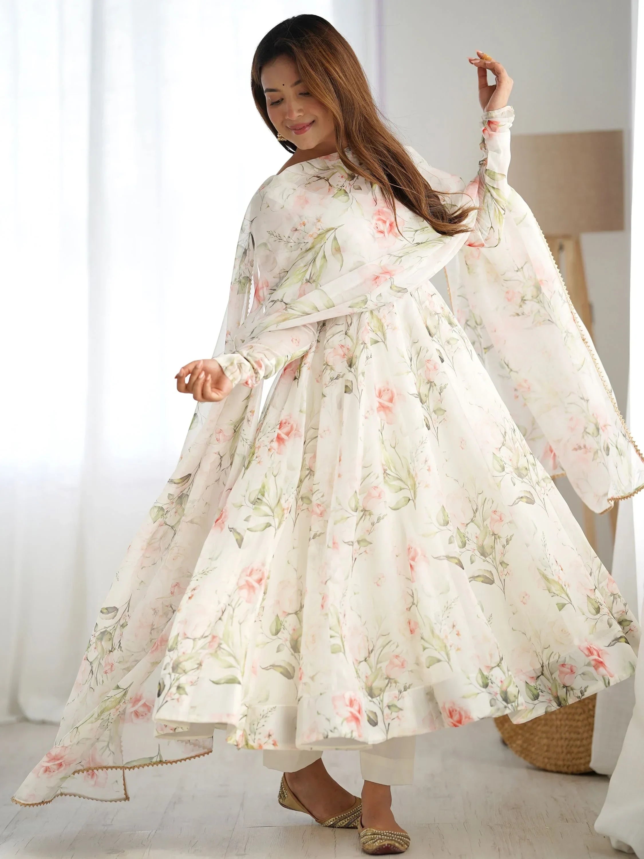 White Spectacular Floral Printed Organza Anarkali Suit With Dupatta