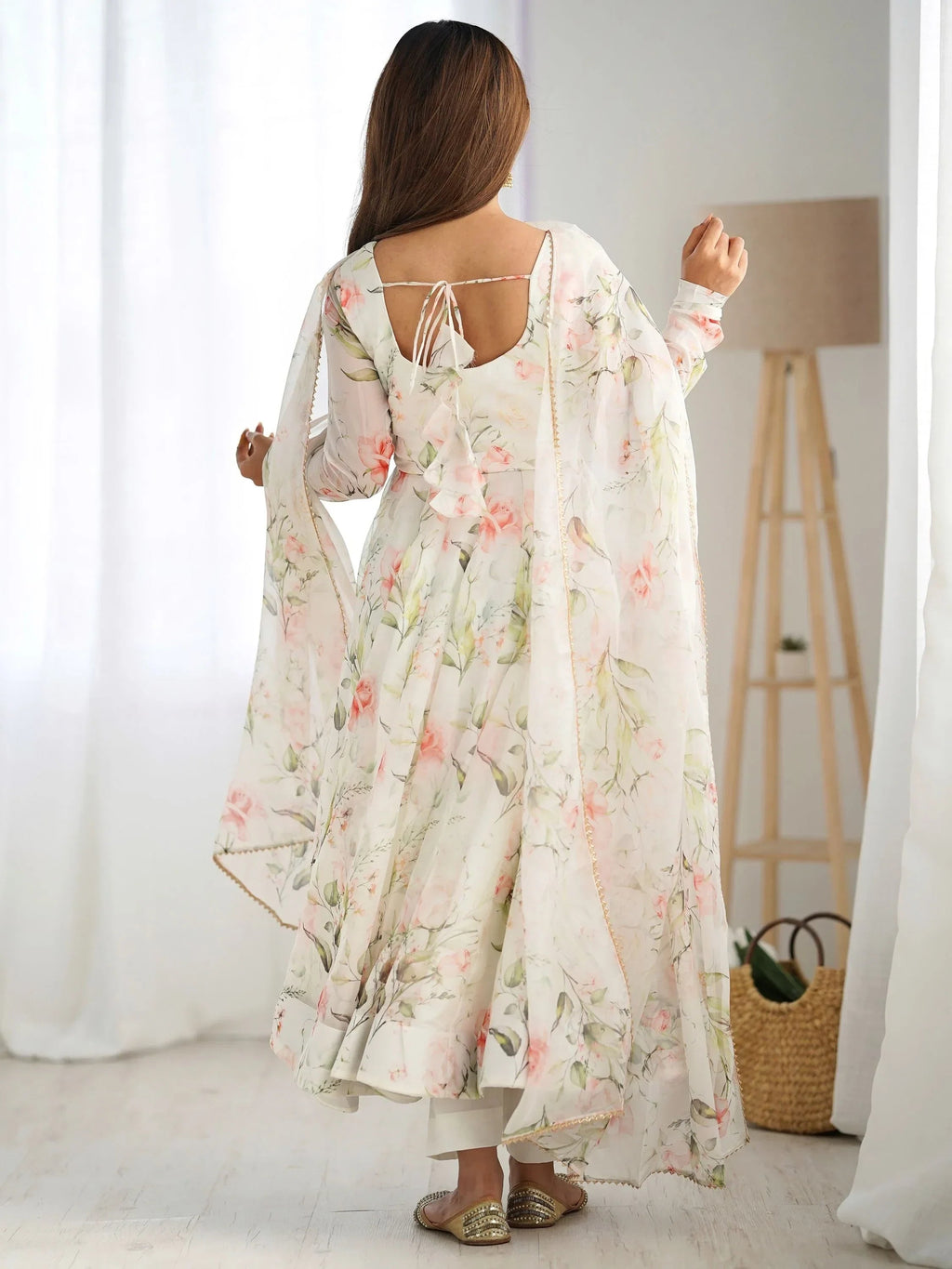 White Spectacular Floral Printed Organza Anarkali Suit With Dupatta