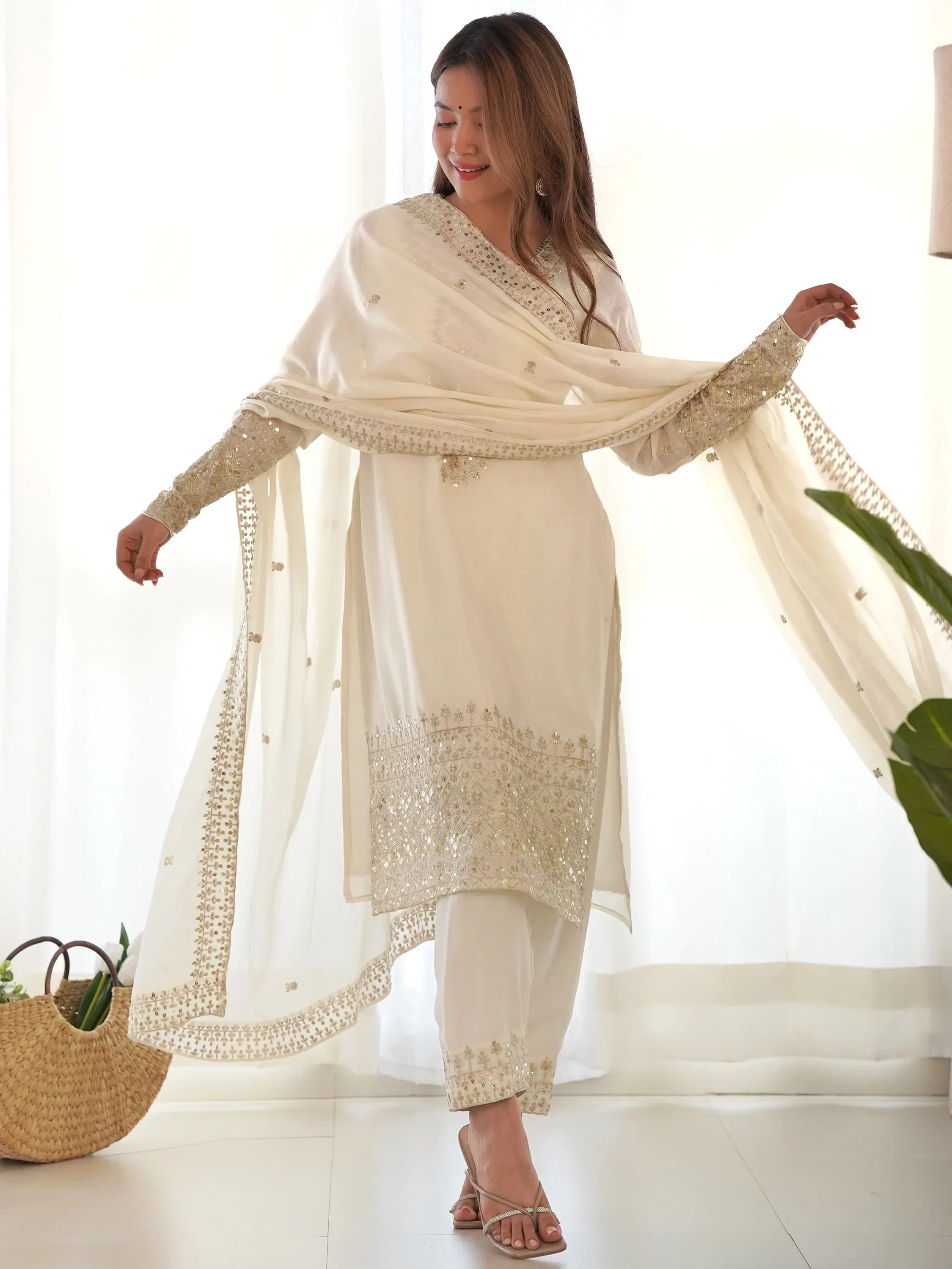 Astonishing White Sequins Chinon Silk Traditional Pant Suit