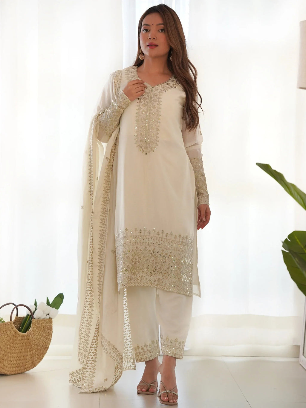 Astonishing White Sequins Chinon Silk Traditional Pant Suit