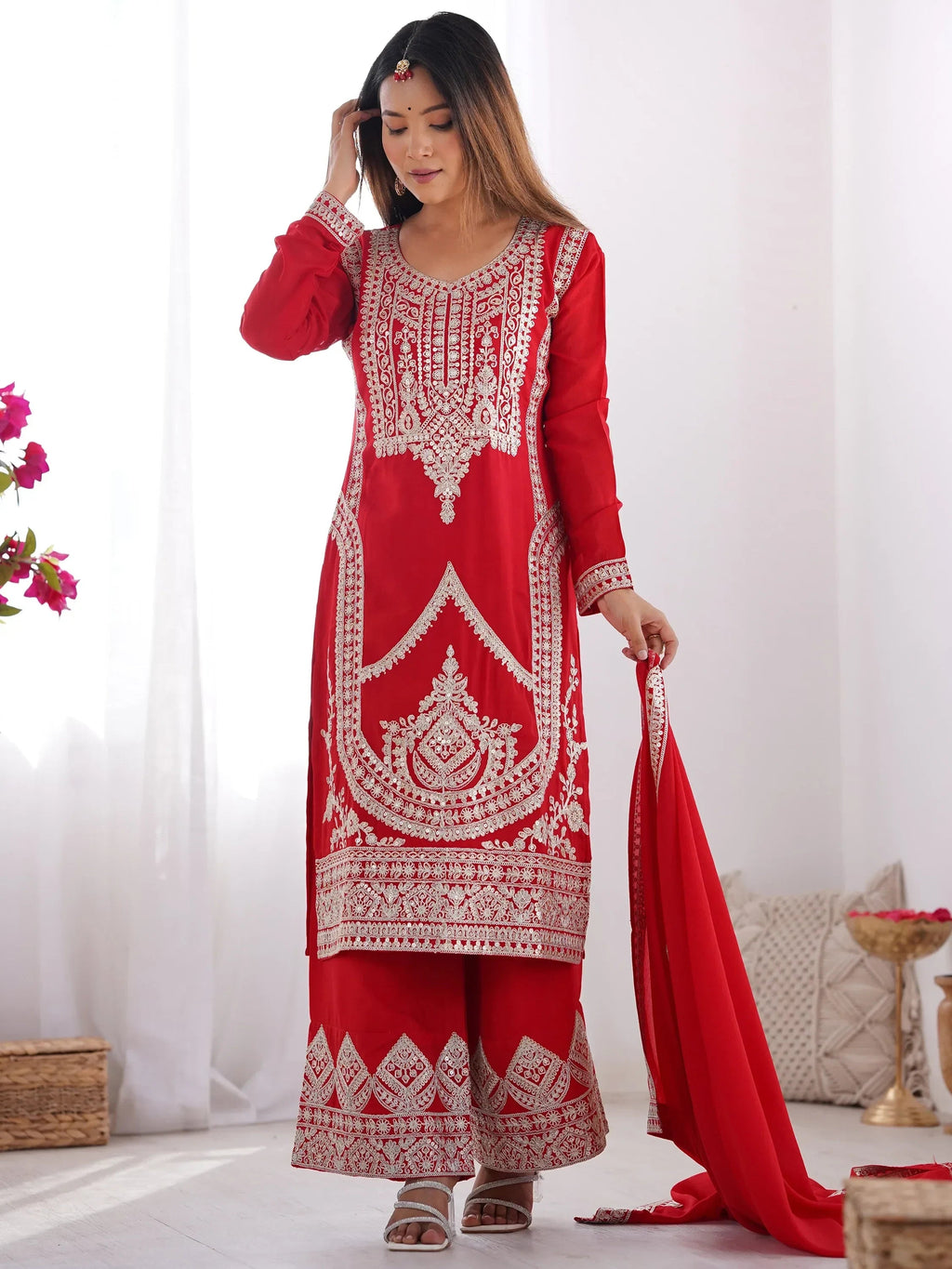 Amazing Red Dori Work Silk Wedding Palazzo Suit With Dupatta