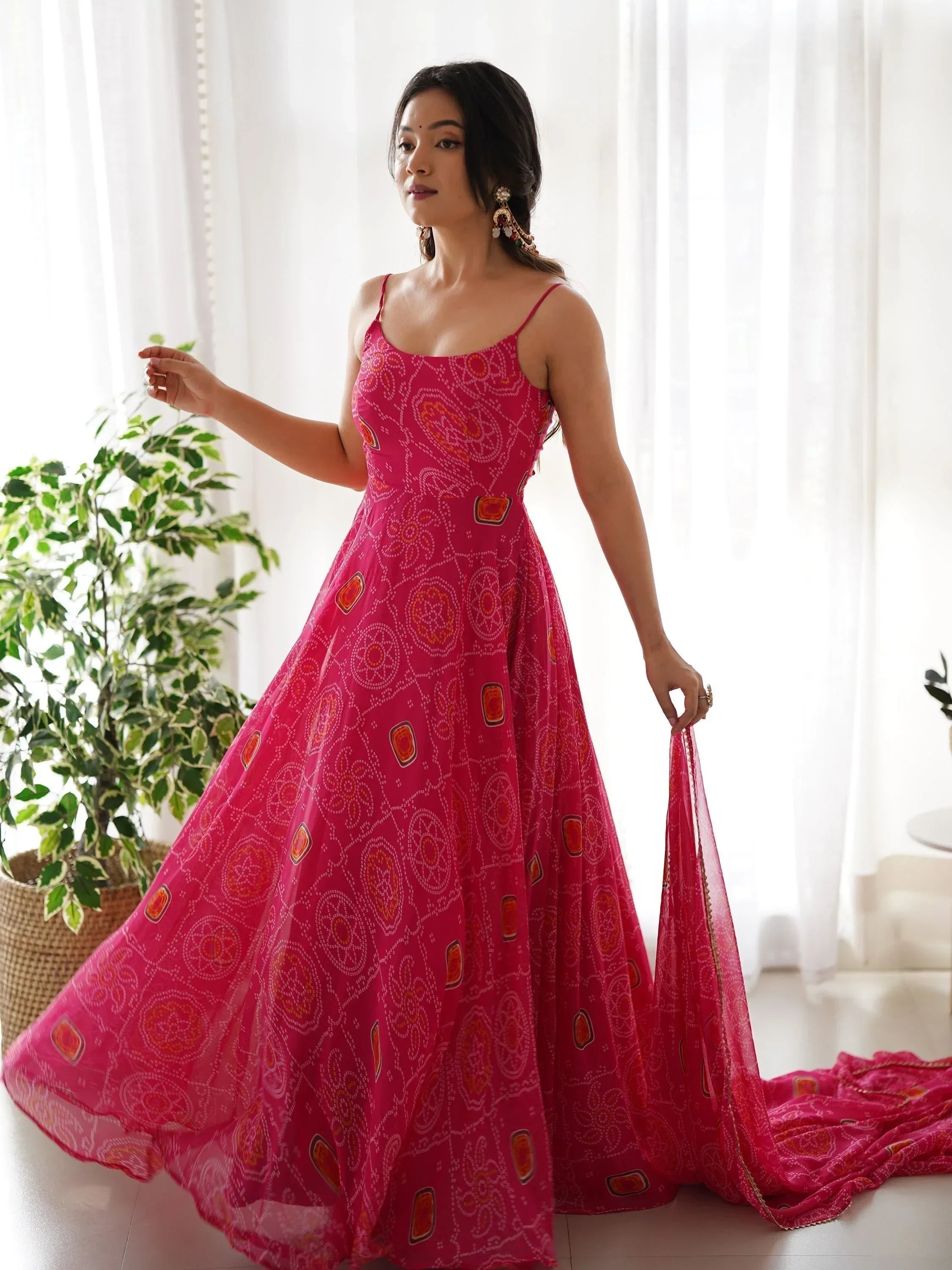 Pretty Pink Bandhani Printed Chiffon Festival Wear Gown With Dupatta