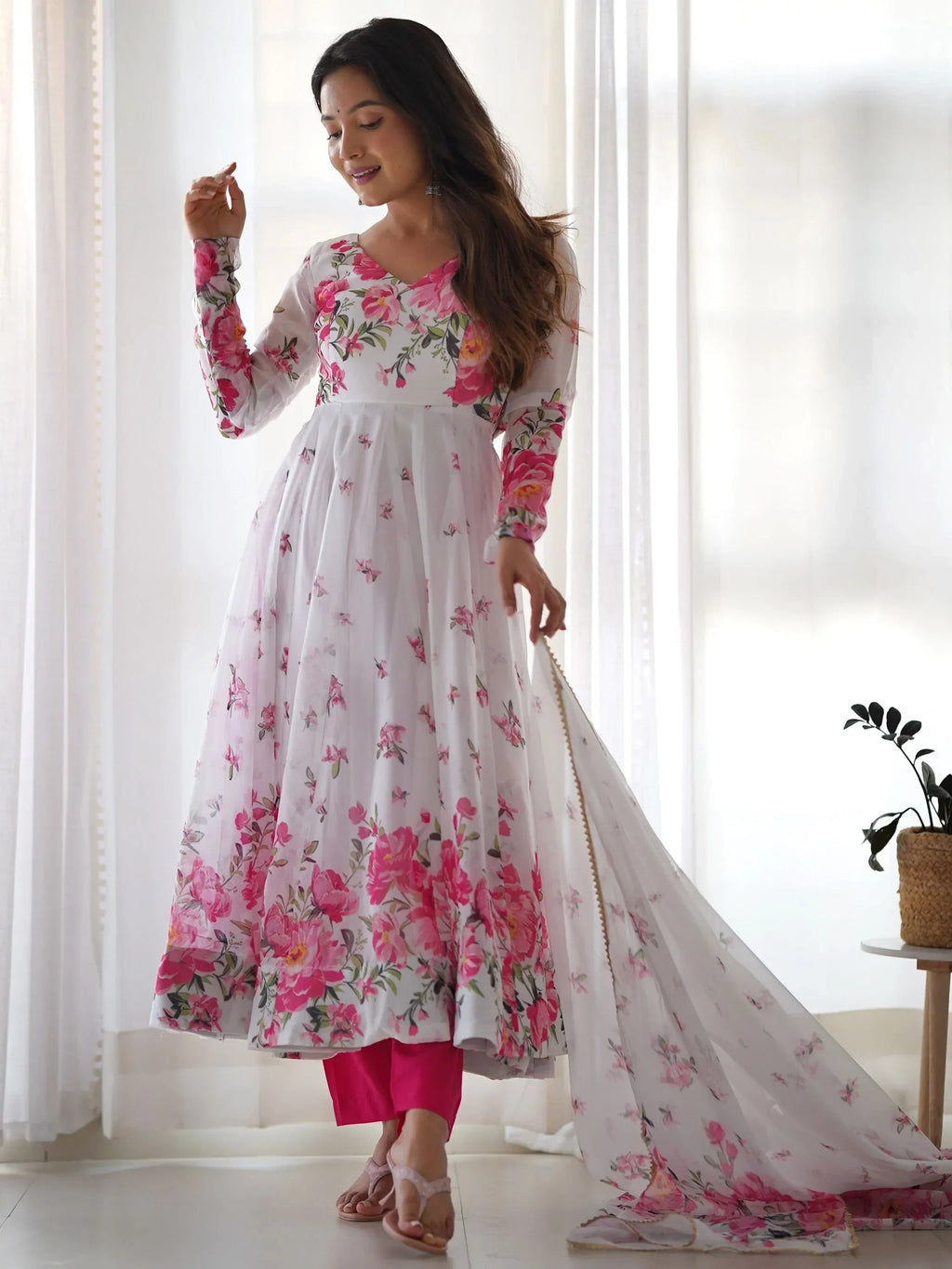 Astonishing White Floral Printed Organza Event Wear Anarkali Suit