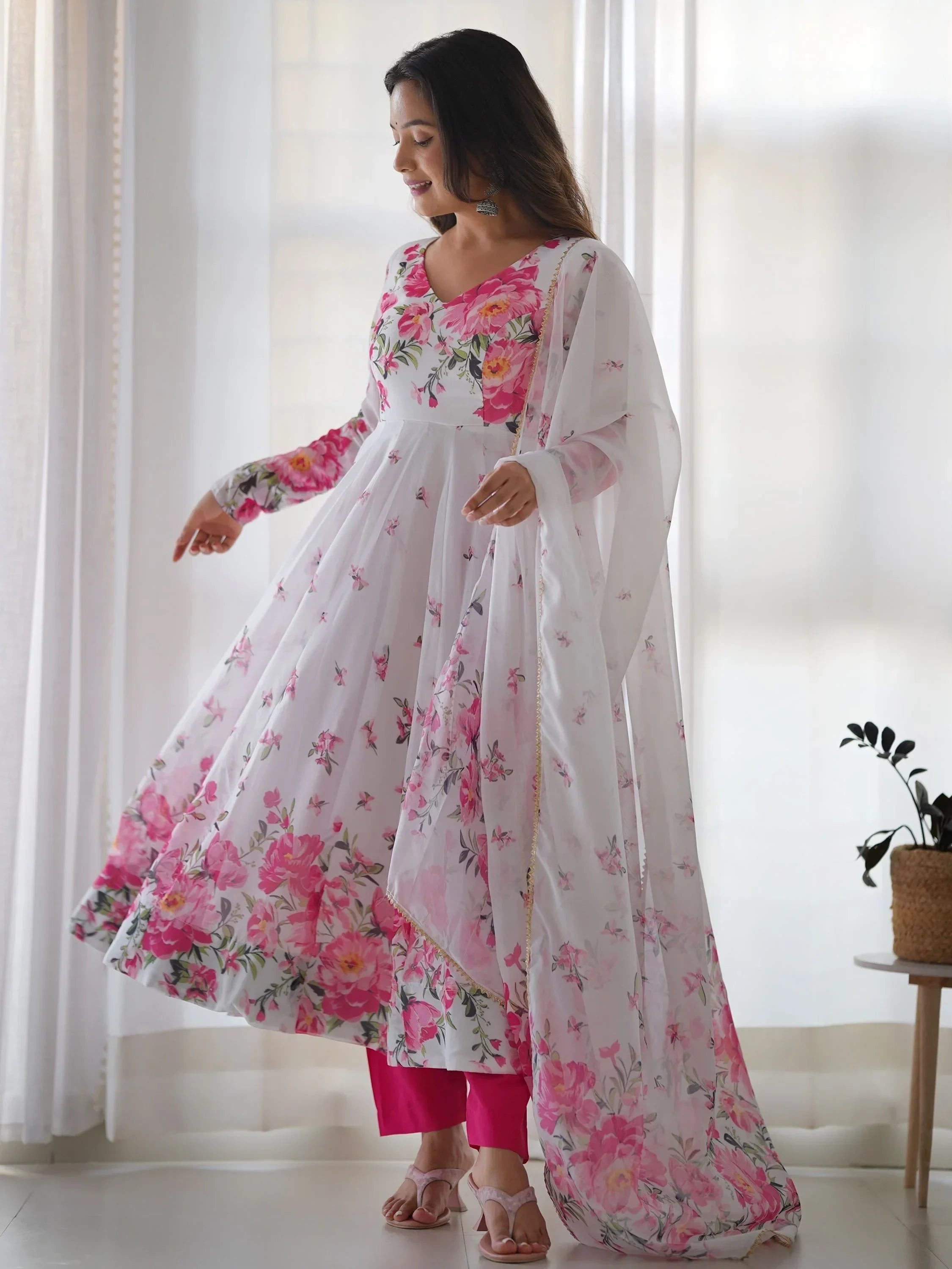 Astonishing White Floral Printed Organza Event Wear Anarkali Suit