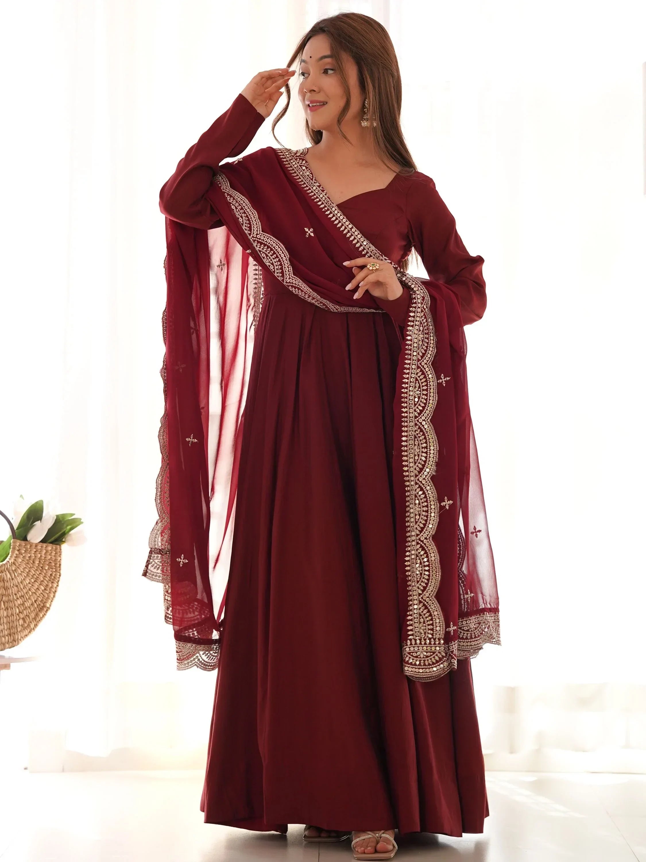 Glamorous Maroon Silk Festival Wear Anarkali Suit Pant With Dupatta