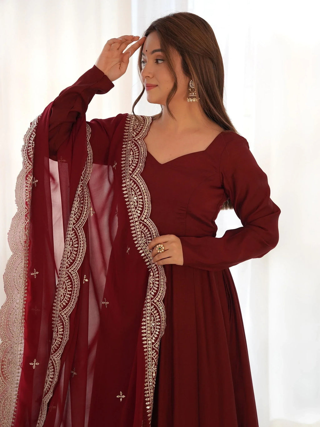 Glamorous Maroon Silk Festival Wear Anarkali Suit Pant With Dupatta