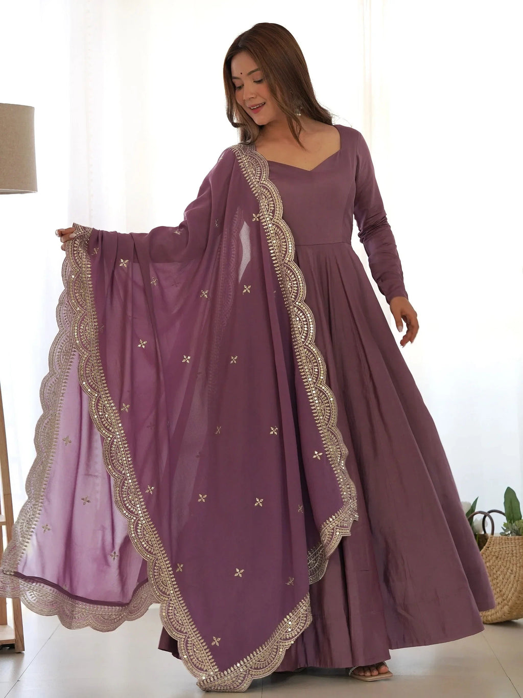 Bewitching Purple Silk Anarkali Suit Pant With Heavy Dupatta