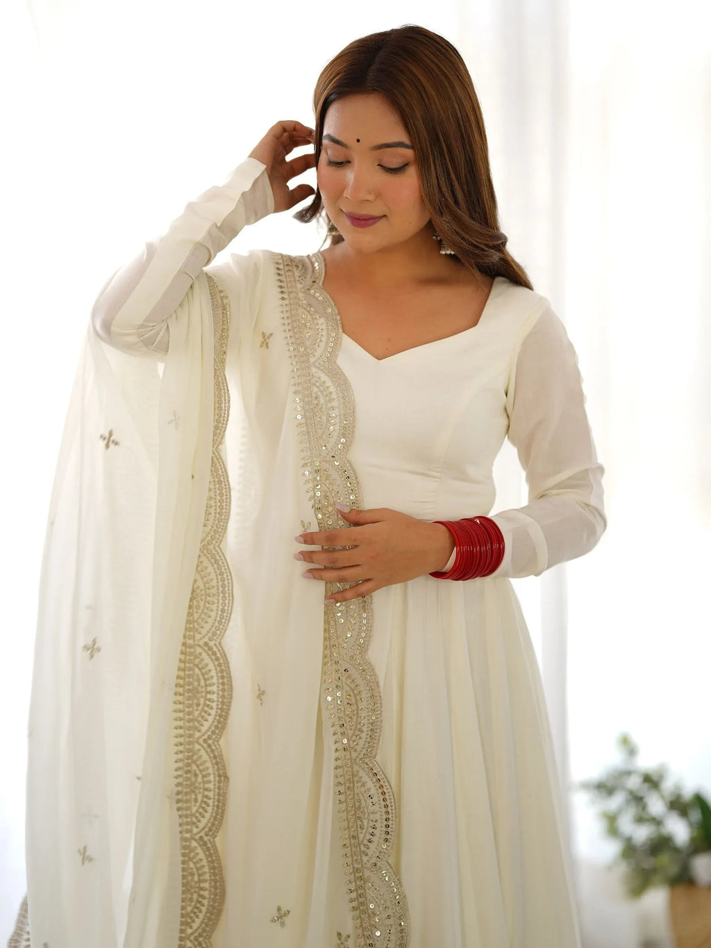 Alluring Off-White Silk Event Wear Anarkali Suit Pant With Dupatta