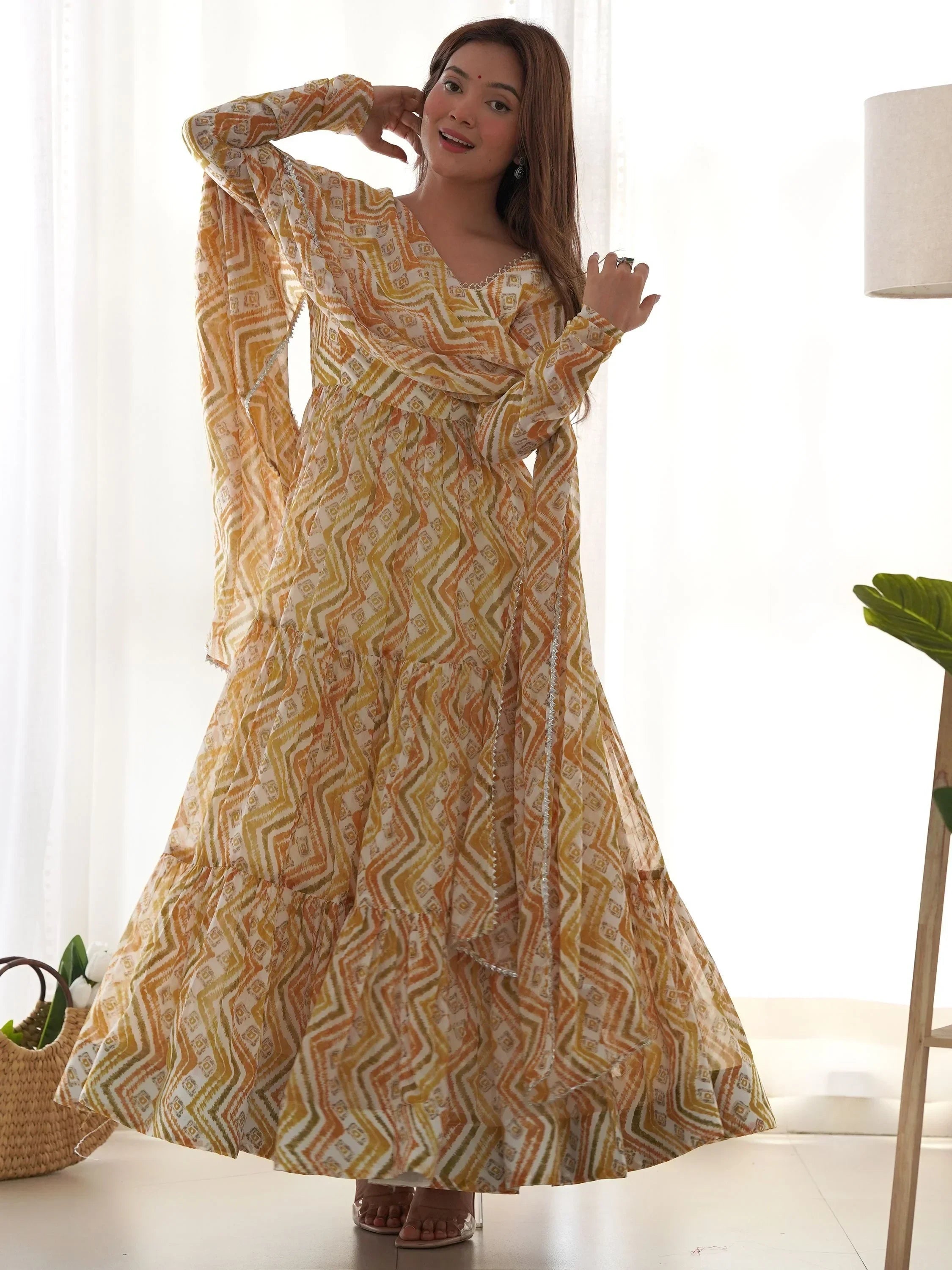 Mesmerizing Off-White Digital Printed Georgette Anarkali Suit Pant