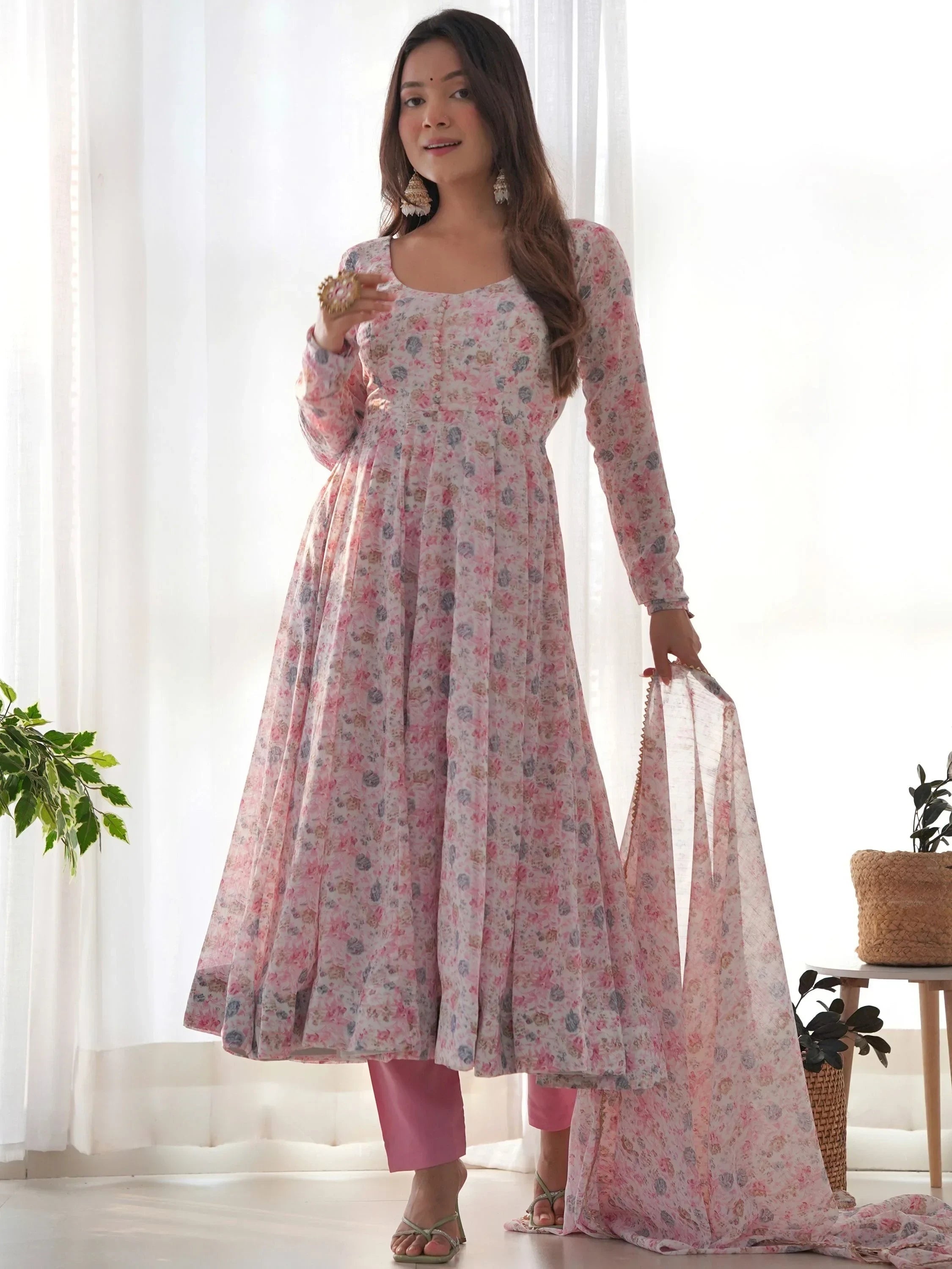 Pink Charming Off-Digital Printed Chiffon Event Wear Anarkali Suit