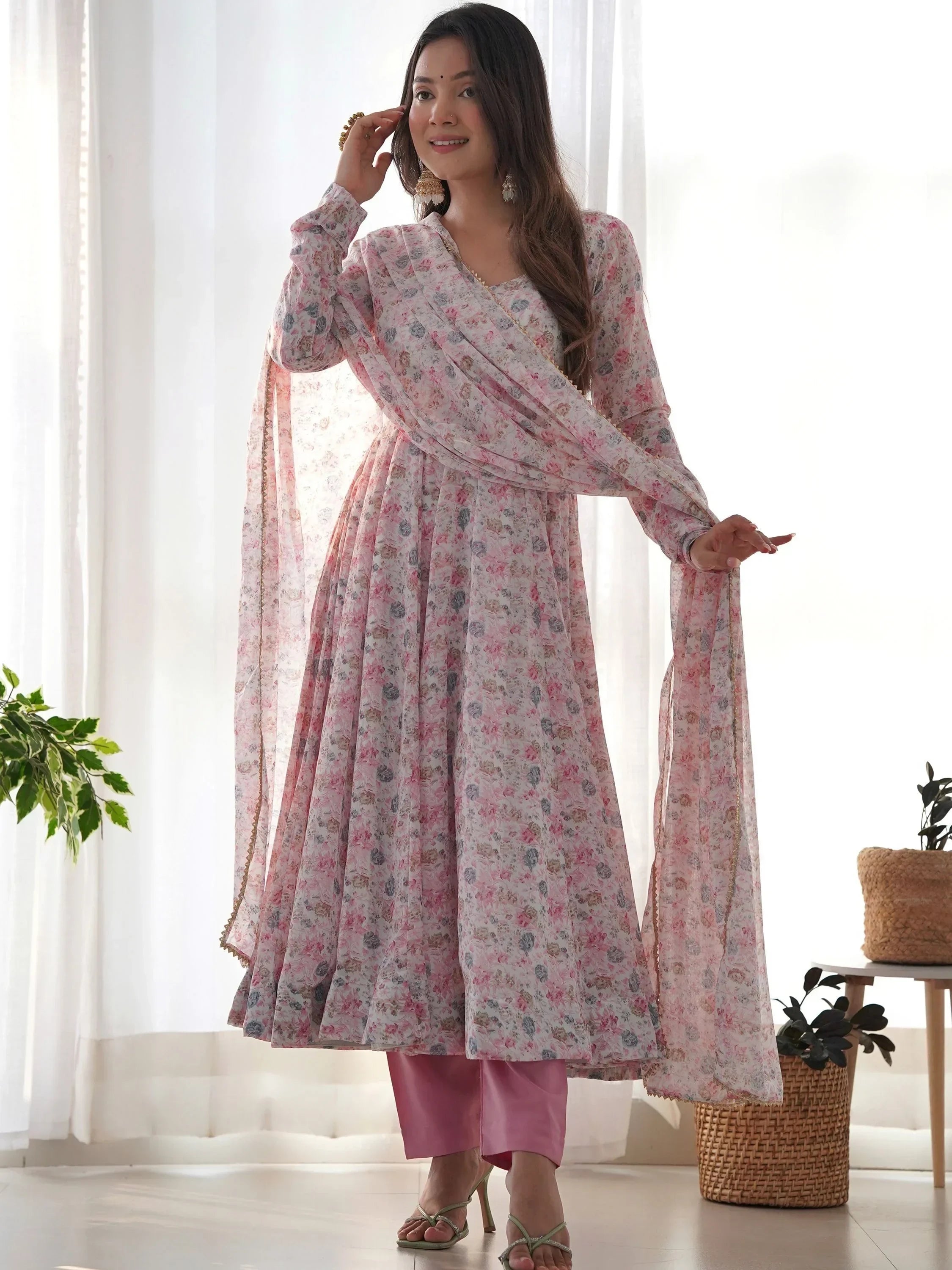 Pink Charming Off-Digital Printed Chiffon Event Wear Anarkali Suit