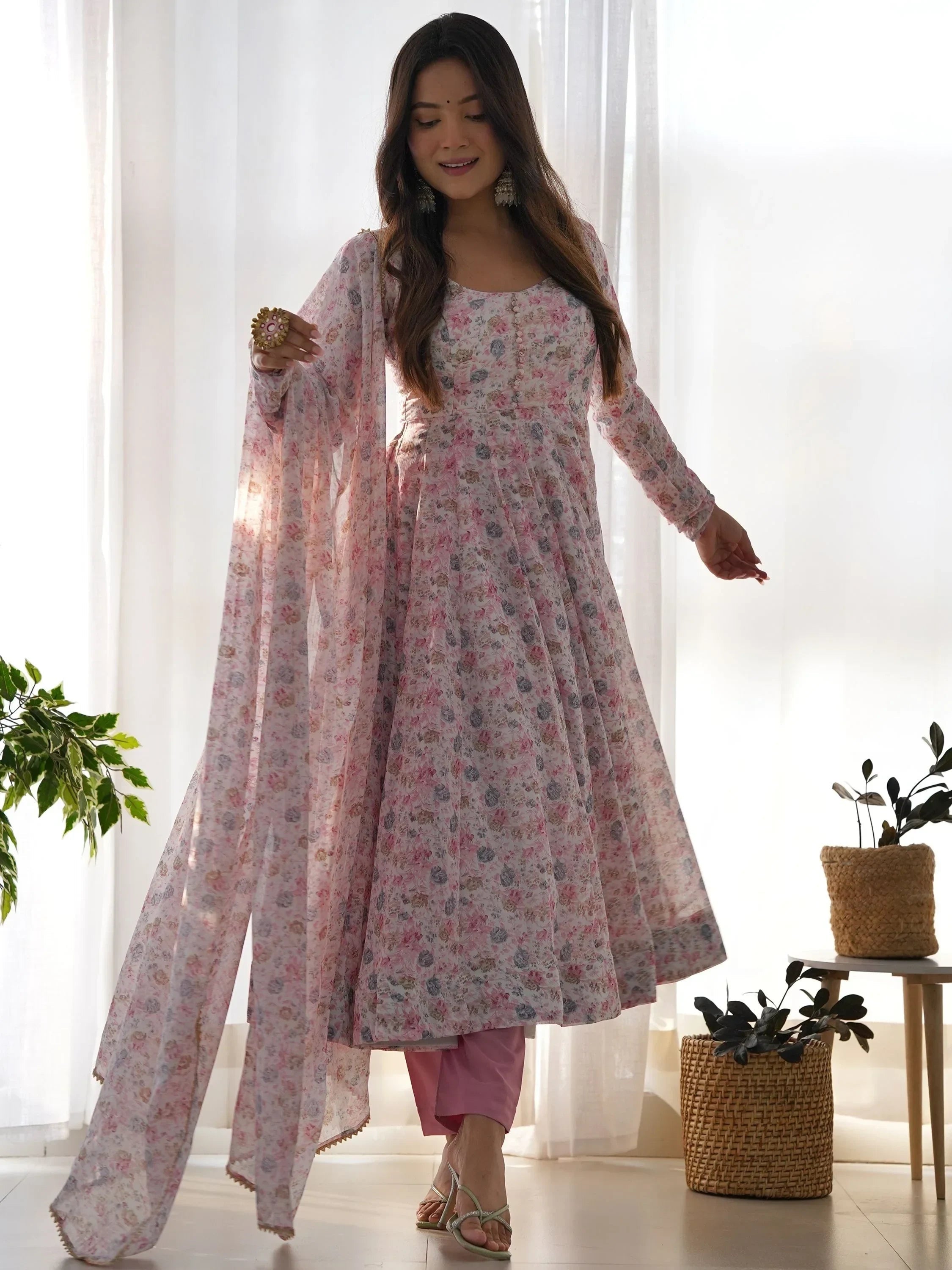 Pink Charming Off-Digital Printed Chiffon Event Wear Anarkali Suit