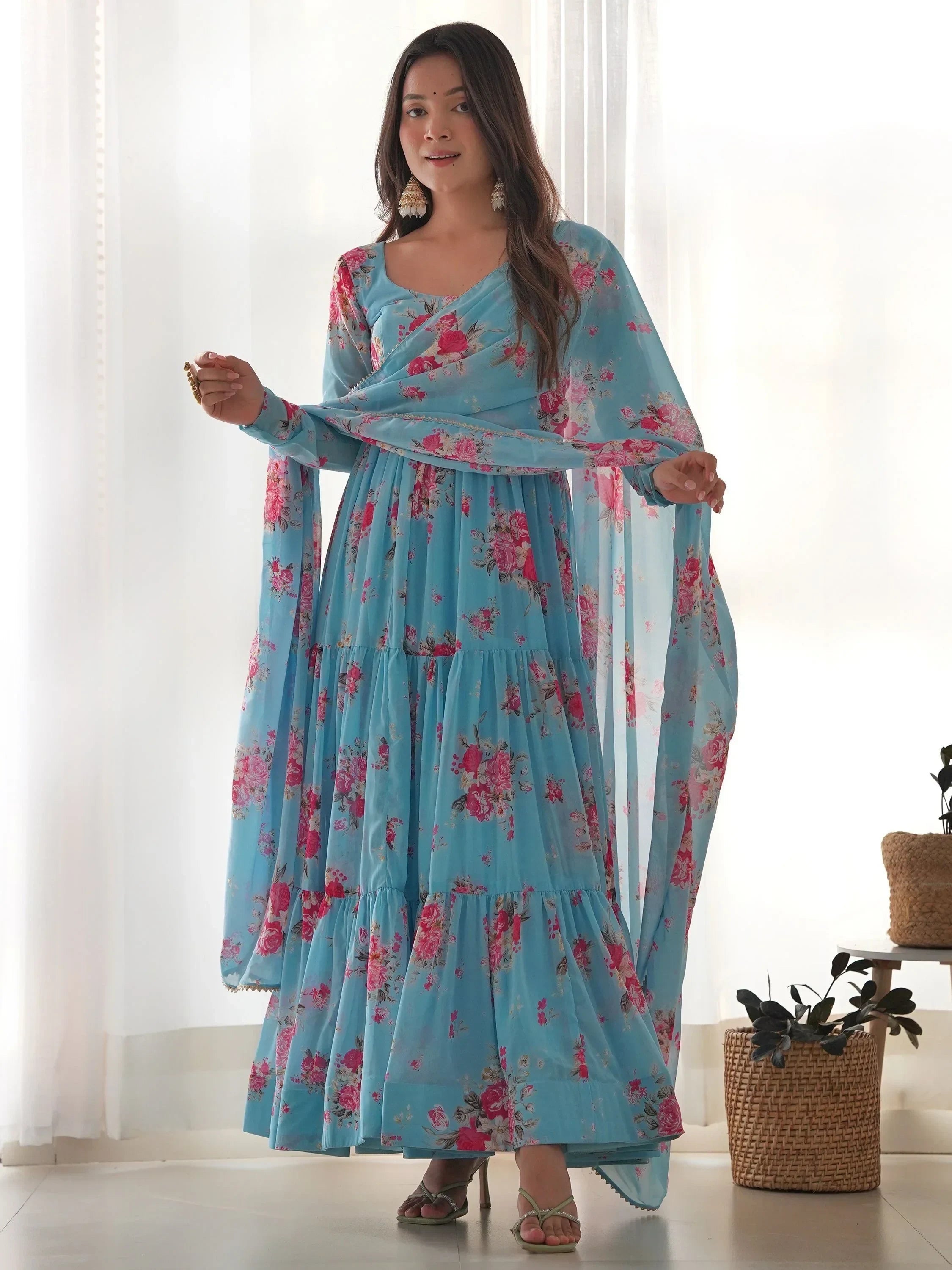 Sky Blue Beautiful Floral Printed Georgette Anarkali Pant Suit