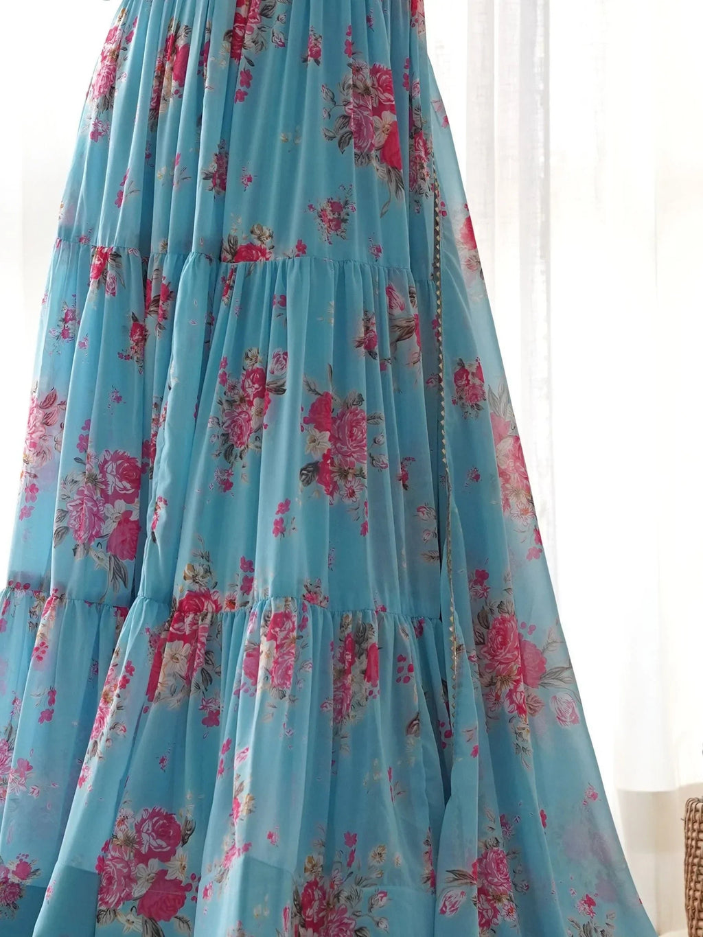 Sky Blue Beautiful Floral Printed Georgette Anarkali Pant Suit