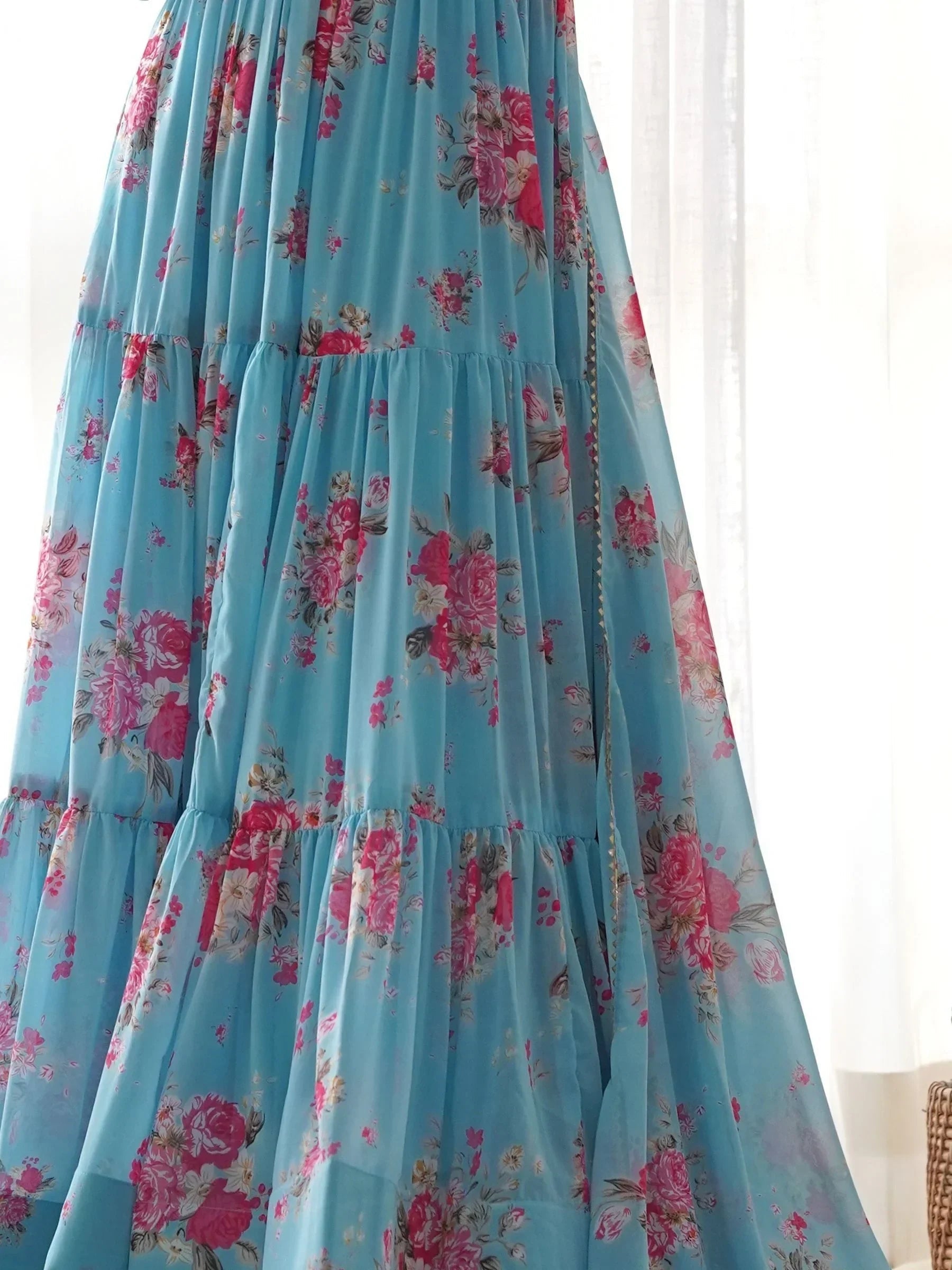 Sky Blue Beautiful Floral Printed Georgette Anarkali Pant Suit