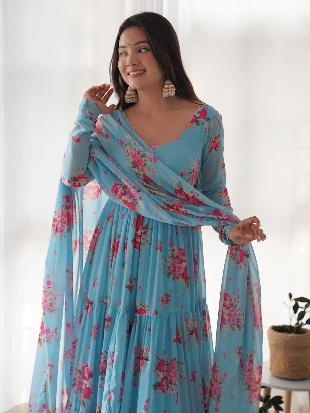 Sky Blue Beautiful Floral Printed Georgette Anarkali Pant Suit