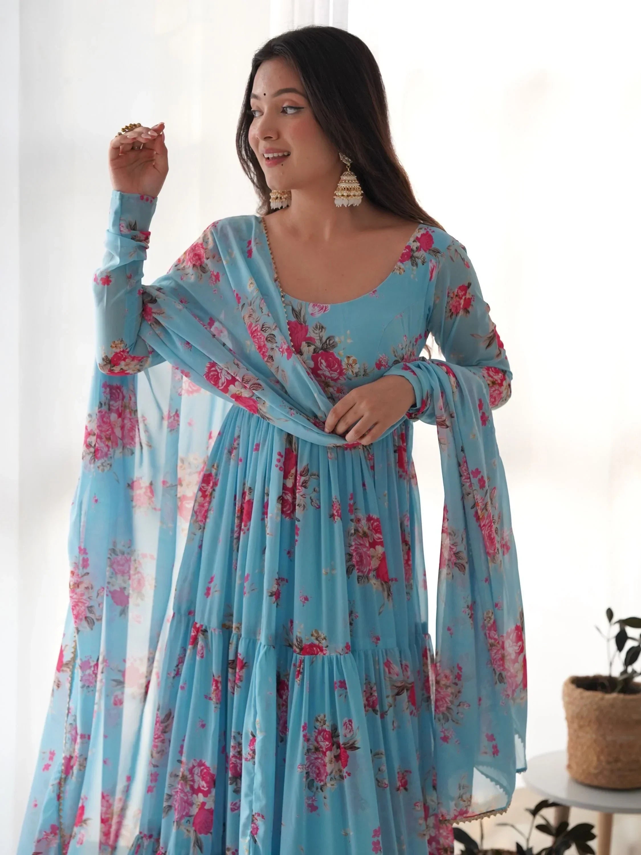 Sky Blue Beautiful Floral Printed Georgette Anarkali Pant Suit