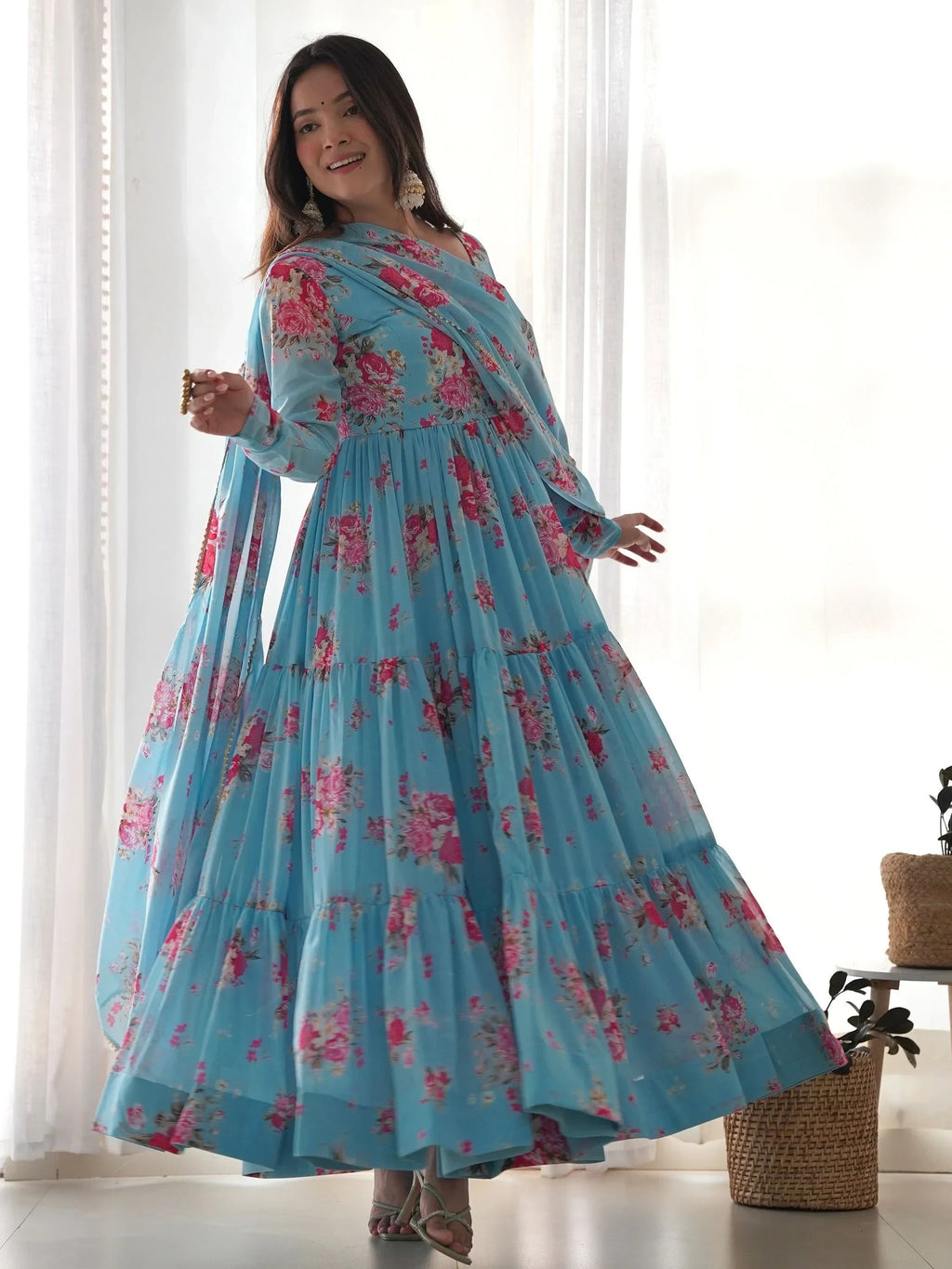 Sky Blue Beautiful Floral Printed Georgette Anarkali Pant Suit