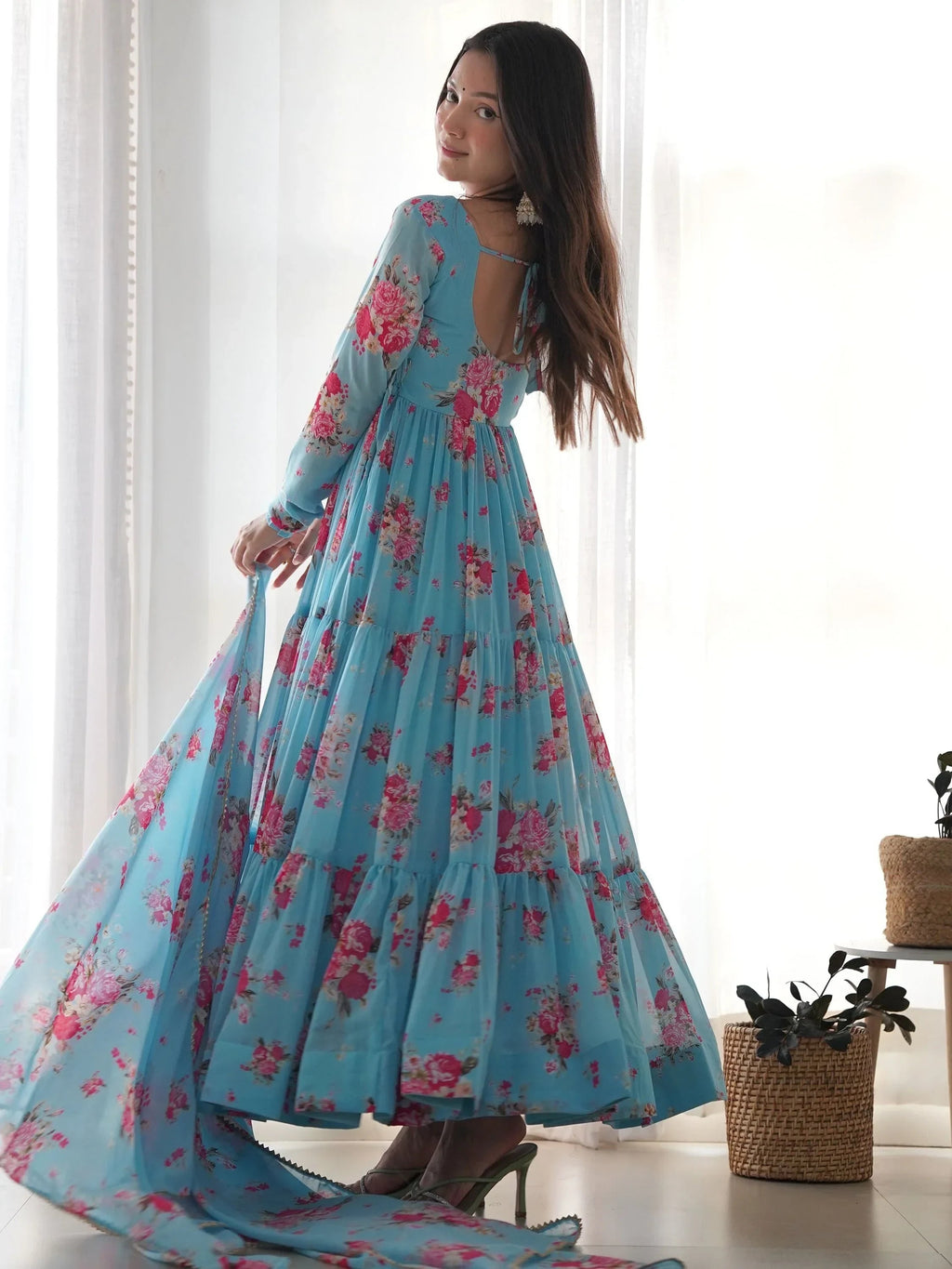 Sky Blue Beautiful Floral Printed Georgette Anarkali Pant Suit
