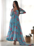 Sky Blue Beautiful Floral Printed Georgette Anarkali Pant Suit