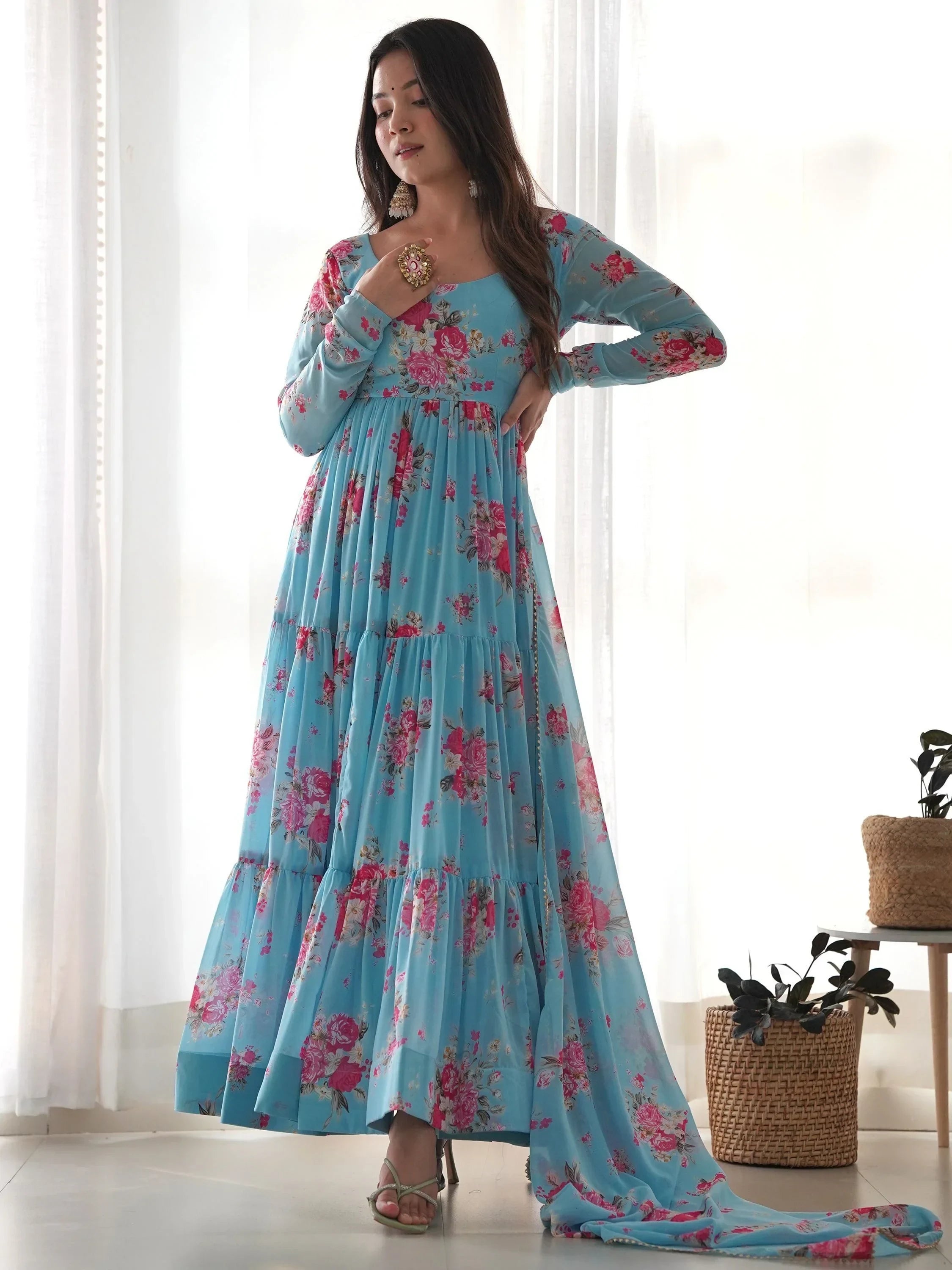 Sky Blue Beautiful Floral Printed Georgette Anarkali Pant Suit