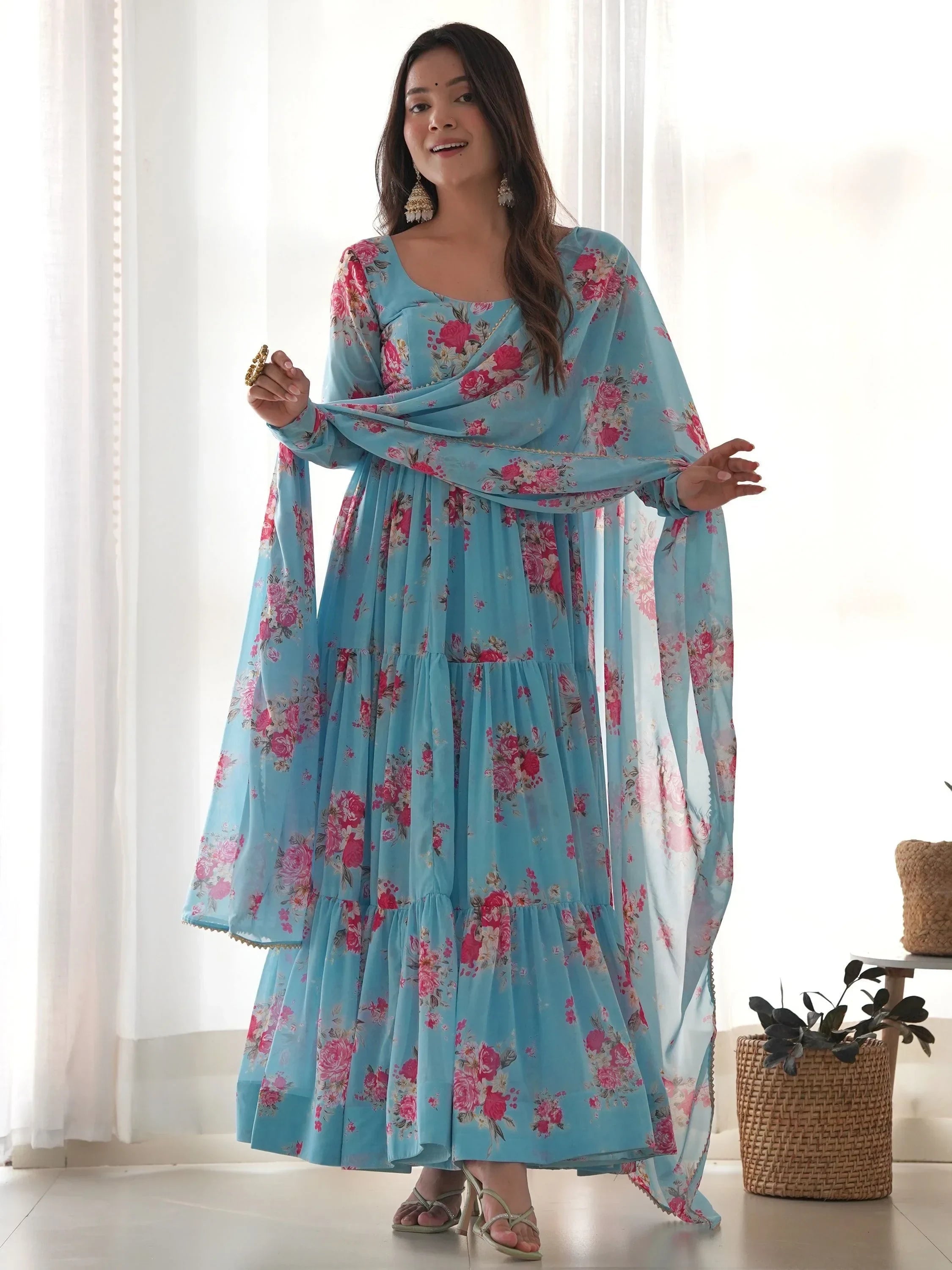Sky Blue Beautiful Floral Printed Georgette Anarkali Pant Suit