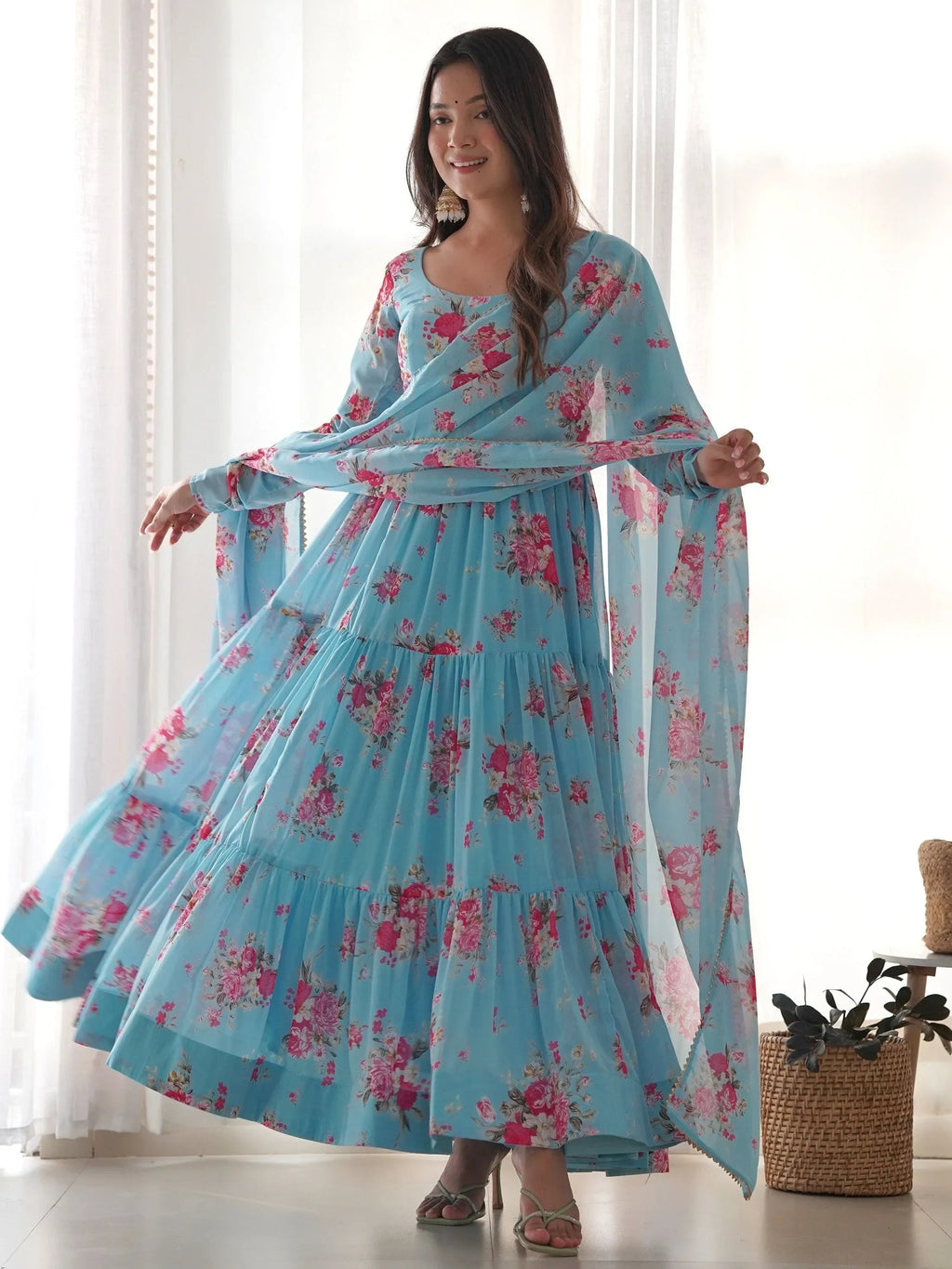 Sky Blue Beautiful Floral Printed Georgette Anarkali Pant Suit