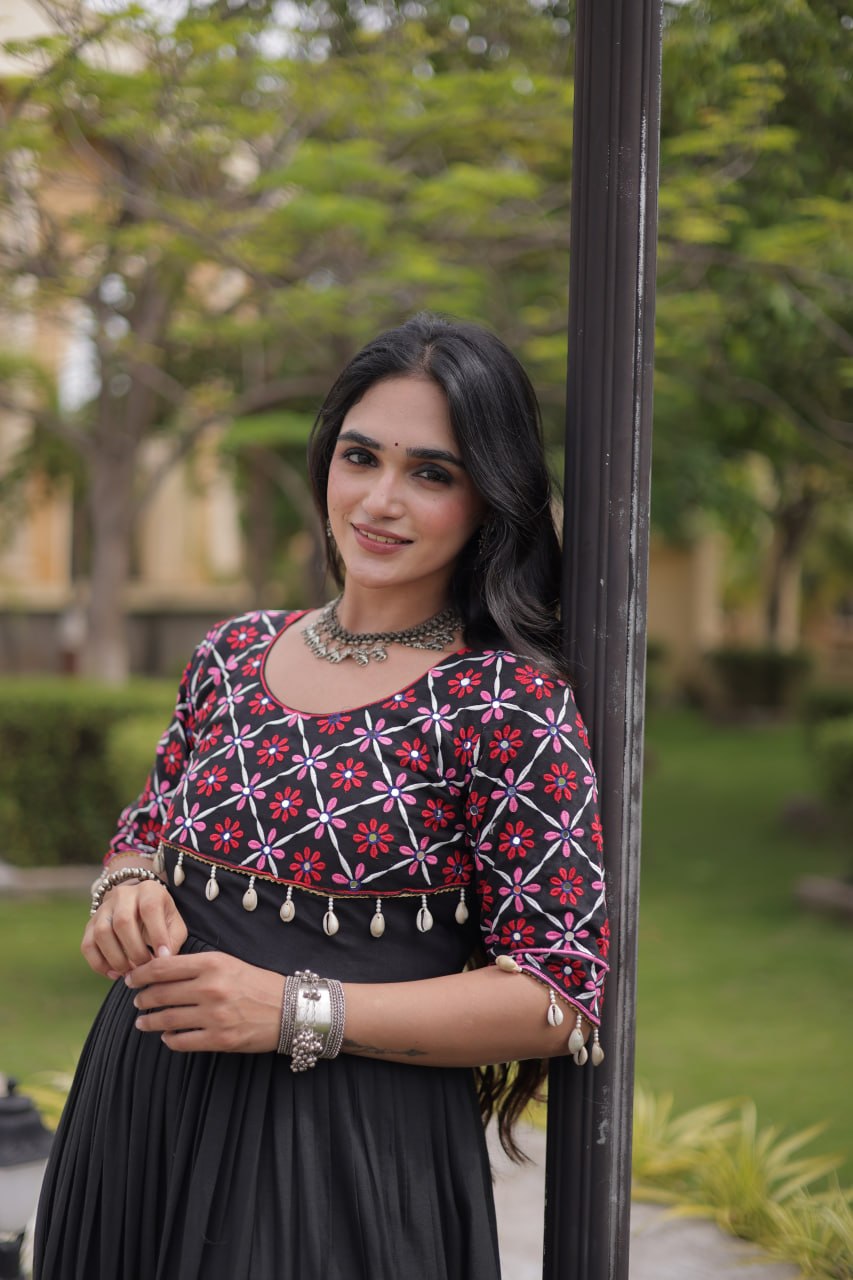 Kora Cotton Embroidered Gown with Mirror Work