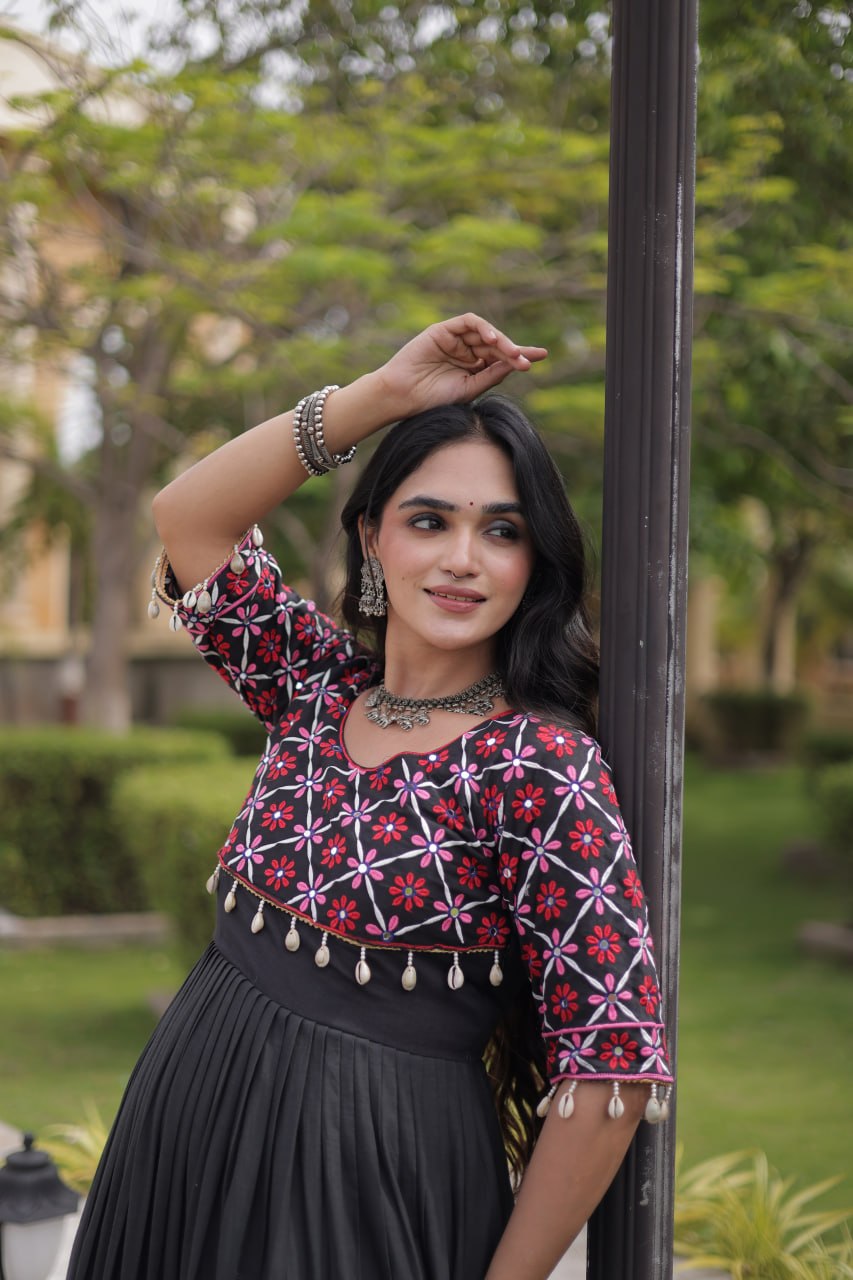 Kora Cotton Embroidered Gown with Mirror Work