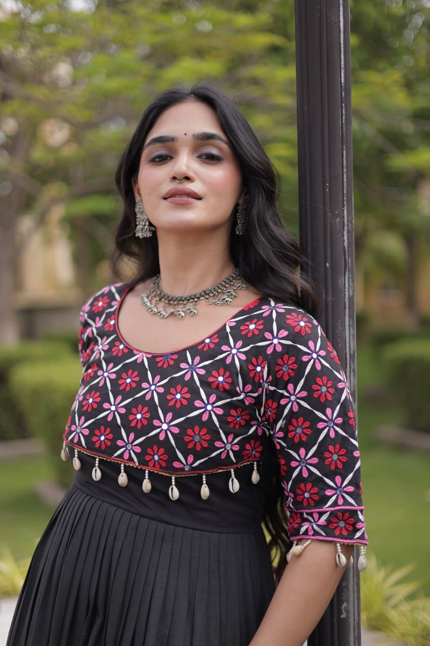 Kora Cotton Embroidered Gown with Mirror Work