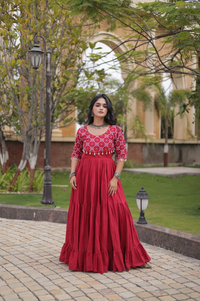 Kora Cotton Embroidered Gown with Mirror Work