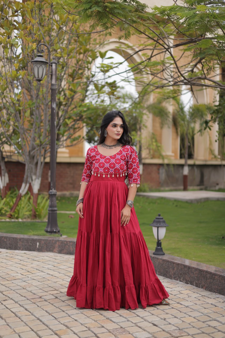 Kora Cotton Embroidered Gown with Mirror Work