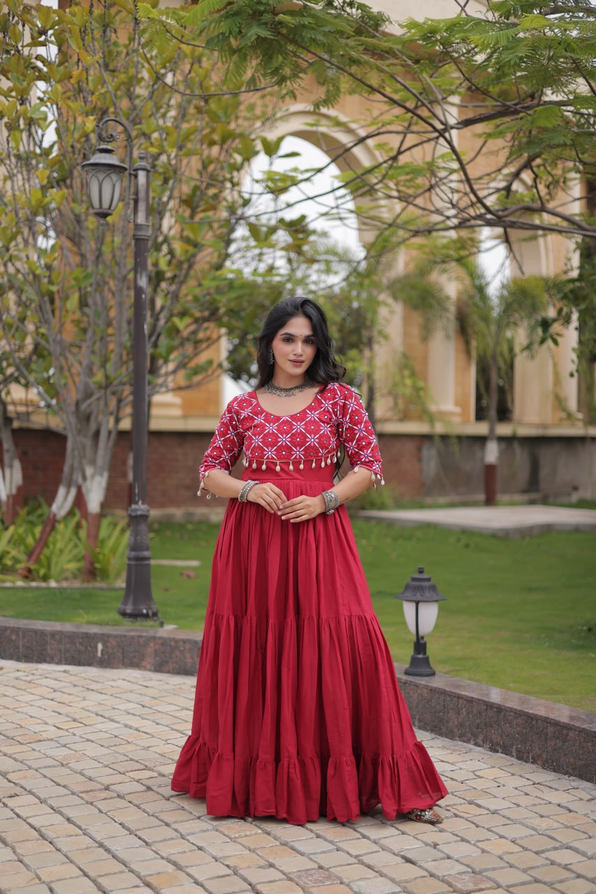Kora Cotton Embroidered Gown with Mirror Work