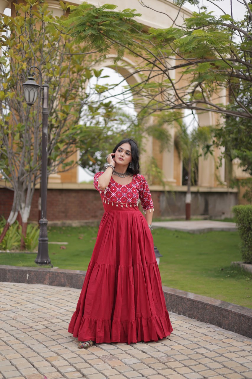 Kora Cotton Embroidered Gown with Mirror Work