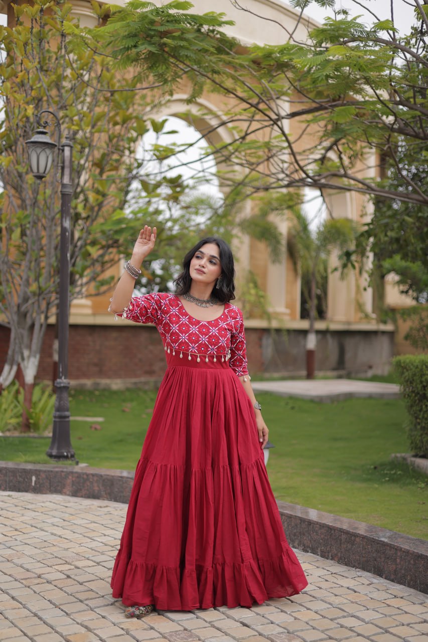 Kora Cotton Embroidered Gown with Mirror Work